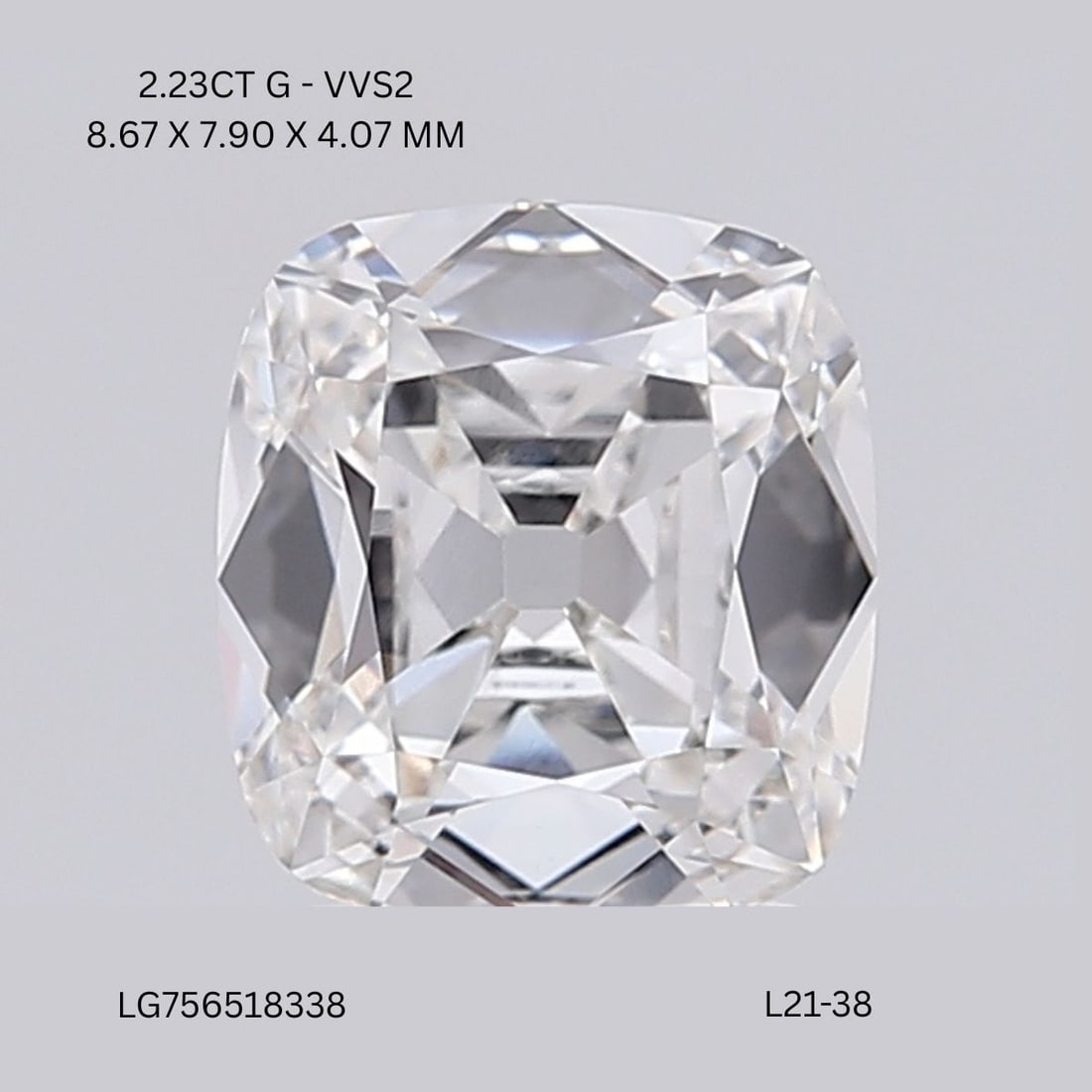 IGI Cushion Brilliant 2.23ct G VVS2 - Loose Lab Diamond: IGI Cushion Brilliant 2.23ct G VVS2 - Loose Lab Diamond Item Specifics: Source: This Is A Real Diamond Grown In A Lab Not Mined. Carat: 2.23 Cut: - Color: G Clarity: VVS2 Polish: EX Symmetry: EX Measu