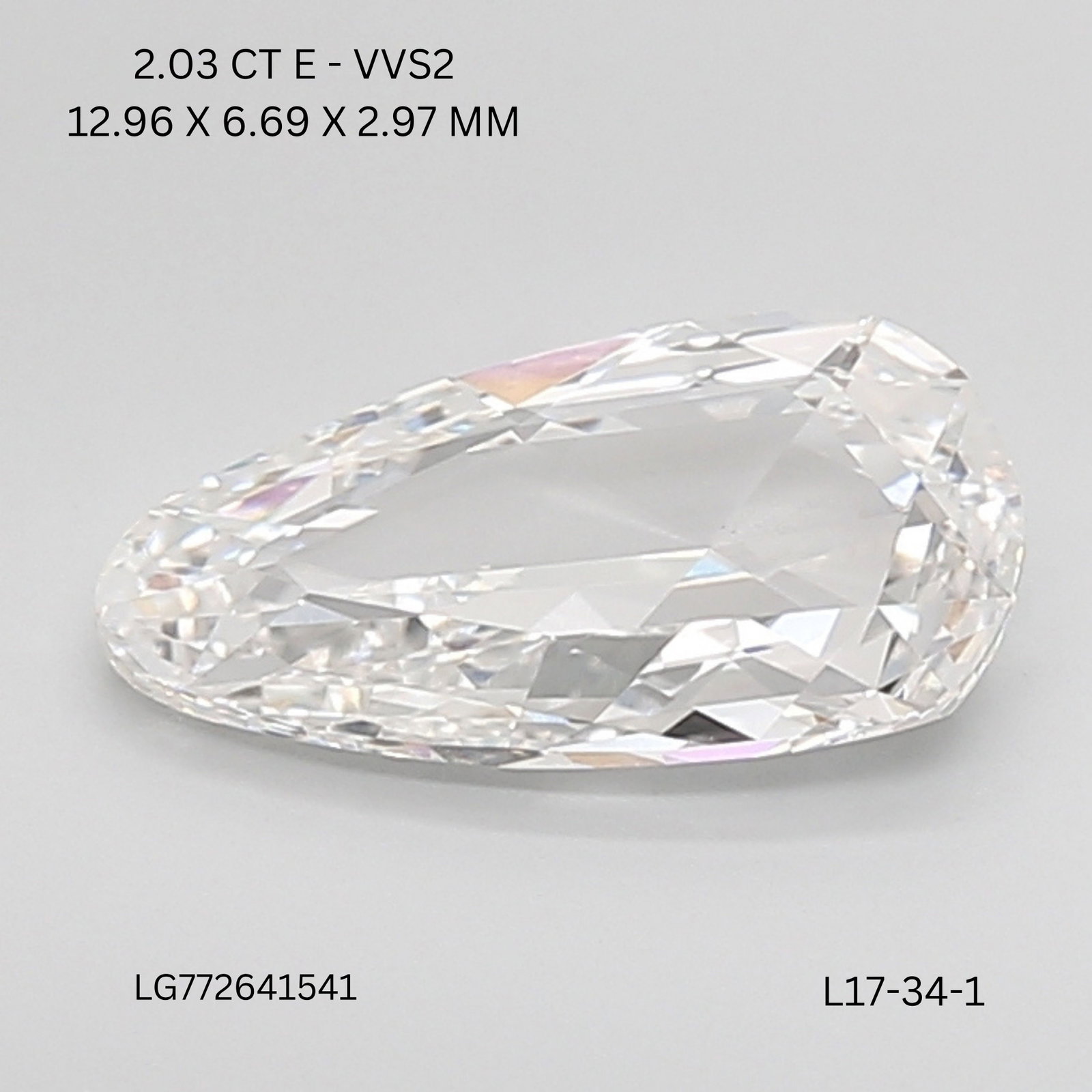 IGI Pear 2.03ct E VVS2 - Loose Lab Diamond: IGI Pear 2.03ct E VVS2 - Loose Lab Diamond Item Specifics: Source: This Is A Real Diamond Grown In A Lab Not Mined. Carat: 2.03 Cut: - Color: E Clarity: VVS2 Polish: EX Symmetry: EX Measurements: 12.9