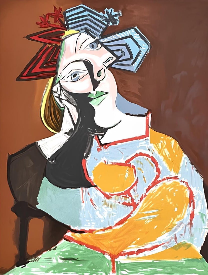 Pablo Picasso, Femme accoude au drapeau bleu et rouge, Marina Picasso Collection, Official: Pablo Picasso, Femme accoude au drapeau bleu et rouge, Marina Picasso Collection, Official Item Specifics: Inscription: Facsimile signed and numbered in pencil, as issued. Paper Size: 29.75 x 21.75 in