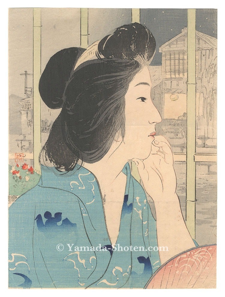 Kaburaki Kiyokata Woodblock Print Bijin ga Evening at Hot Spring 1912 (1 of 1)