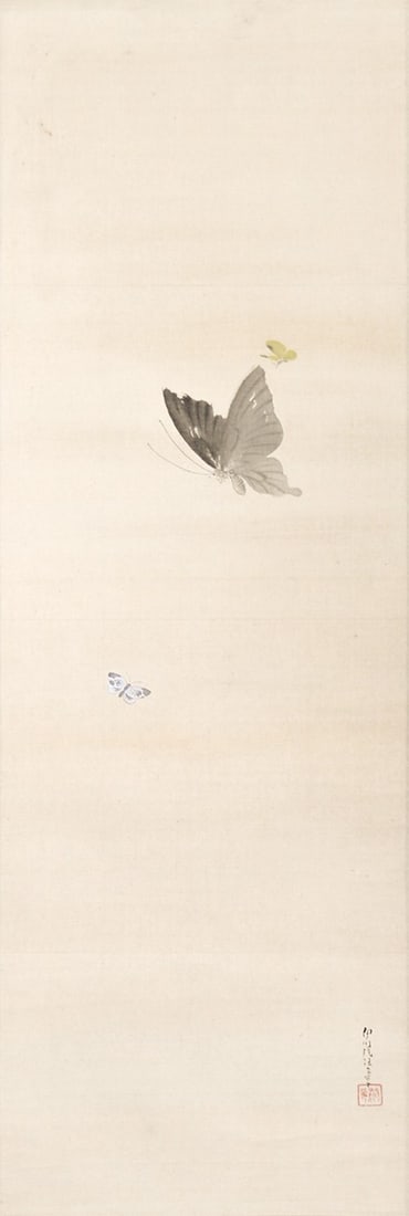 Kano Isen in Japanese Painting Butterfly Grasshopper Pair Hanging Scrolls: Kano Isen in Japanese Painting Butterfly Grasshopper Pair Hanging Scrolls Item Specifics: Artist: Kano Isen'in (Kano Naganobu) Subject: Butterfly and Grasshopper Material: Ink and color on paper Style