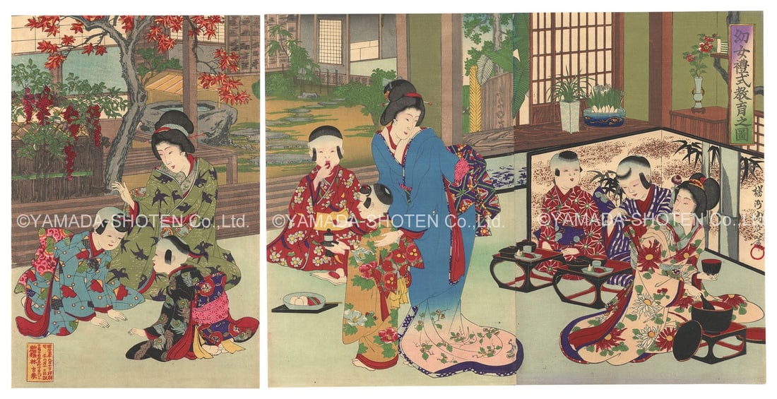 1889 Toyohara Chikanobu Japanese Woodblock Print Triptych Manners Young Ladies: 1889 Toyohara Chikanobu Japanese Woodblock Print Triptych Manners Young Ladies Item Specifics: Artist: Toyohara Chikanobu Subject: Education Meiji Period Culture Etiquette Material: Washi Paper