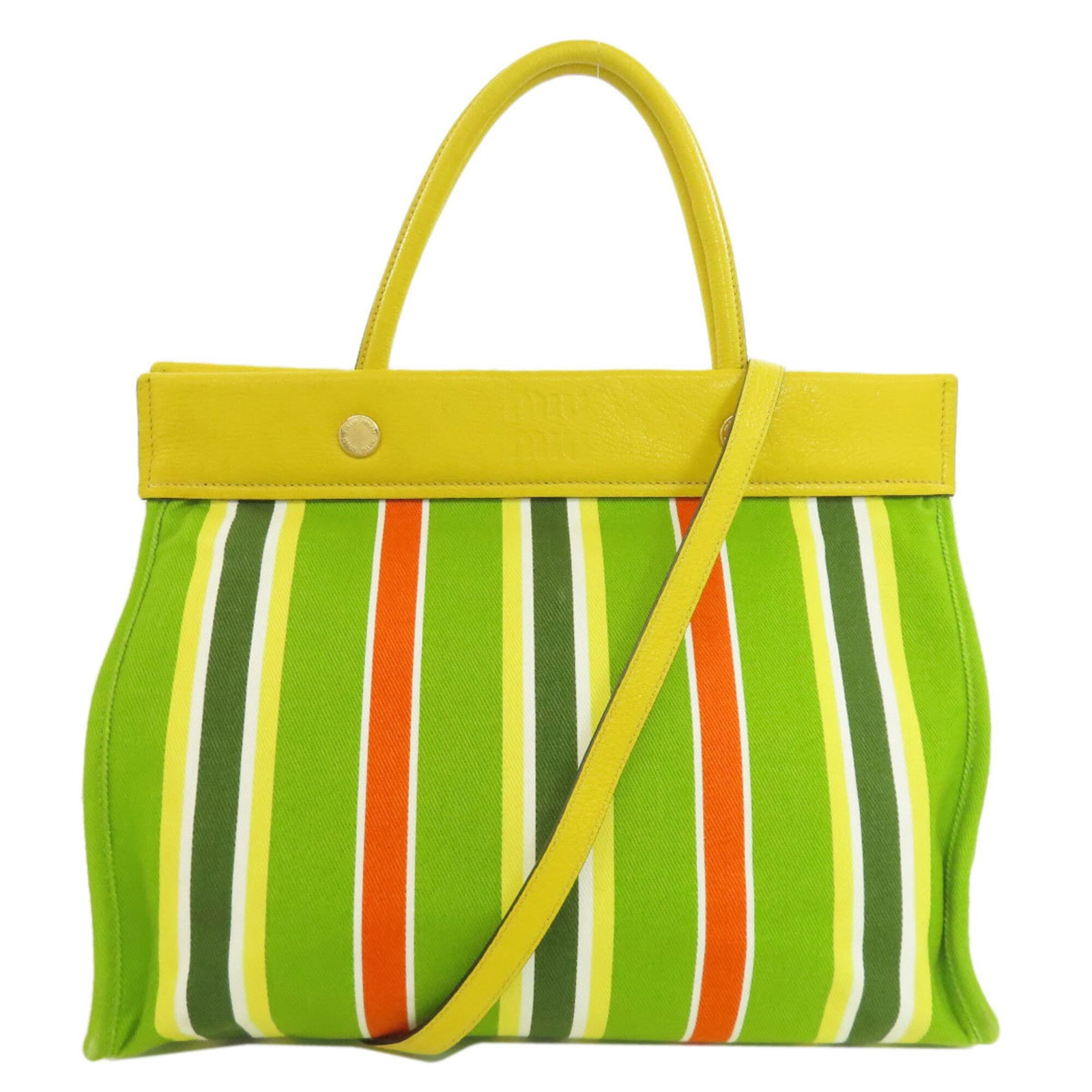 Canvas tote bag by Miu: Canvas tote bag by Miu Canvas tote bag by Miu features a striking green and yellow color combination, with an inner zipper pocket and magnet pocket for added functionality. The bag's canvas material
