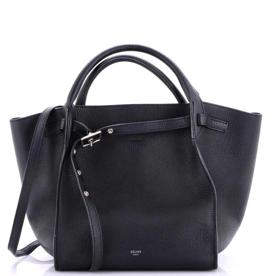 Calfskin Grained Celine Small Big Bag: Calfskin Grained Celine Small Big Bag Calfskin Grained Celine Small Big Bag for sale, featuring black exterior with heavy corner wear and scuffs. The bag's grained calfskin material adds a touch of so