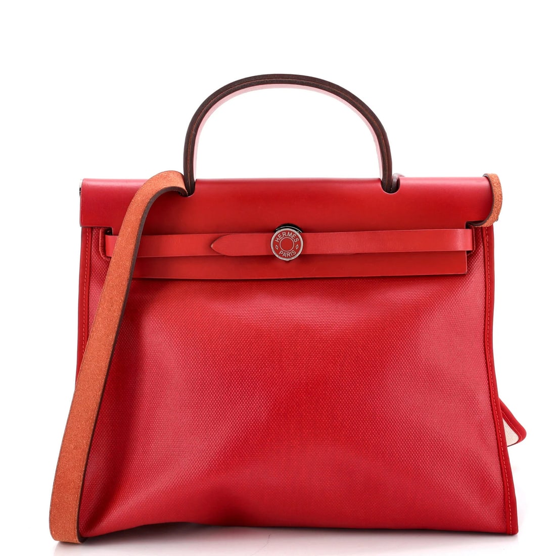 Herbag Vache Leather Canvas Berline Hermes Zip 31: Herbag Vache Leather Canvas Berline Hermes Zip 31 The Herbag Vache Leather Canvas Berline Hermes Zip 31 is a striking red shoulder bag with a pochette and palladium hardware. Measuring 10" high, 12" w