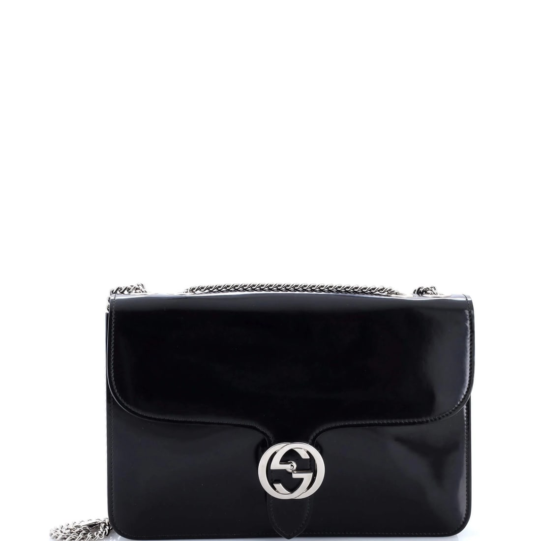 Patent medium interlocking shoulder bag by Gucci: Patent medium interlocking shoulder bag by Gucci Patent leather exterior, interlocking shoulder bag with medium size and neutral interior. The bag features heavy scuffs throughout, cracking, edge wear