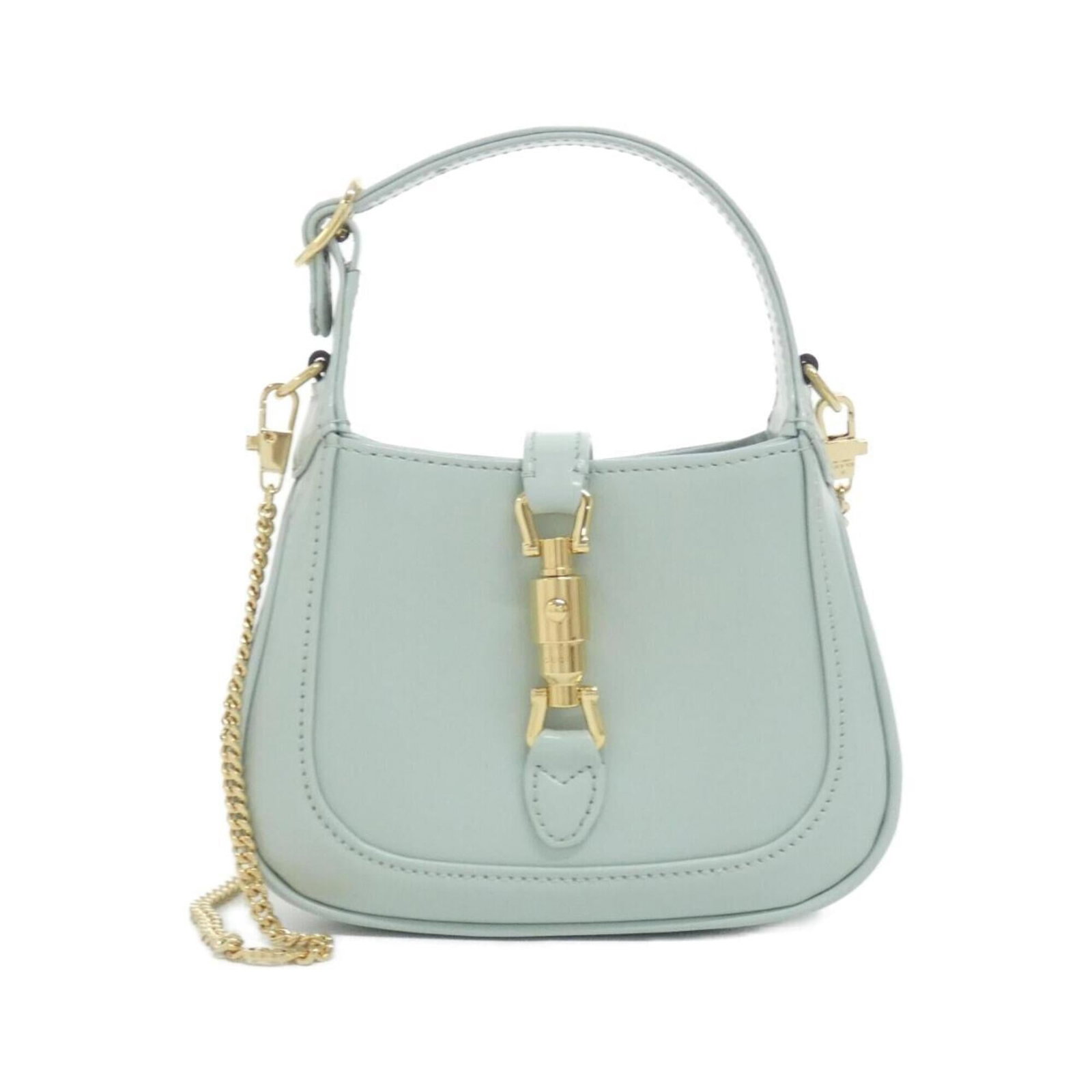 Gucci Handbag Leather: Gucci Handbag Leather Pale green Gucci handbag made from high-quality leather, measuring 17.5cm x 15.5cm x 3.5cm in size. The bag bears a signature on the material, indicating it was crafted with