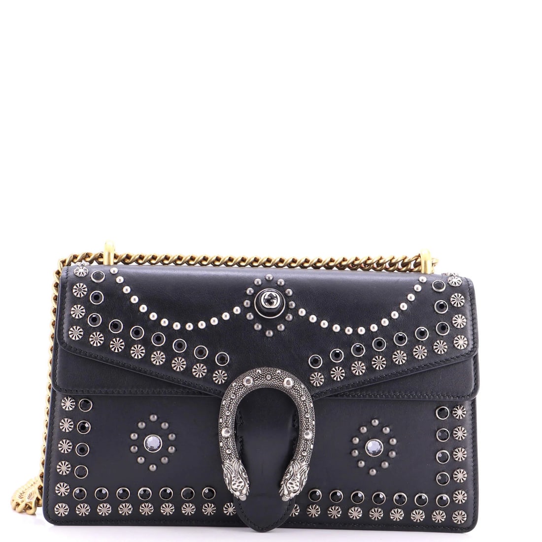 Small Studded Leather Bag Dionysus Gucci: Small Studded Leather Bag Dionysus Gucci Small Studded Leather Bag Dionysus Gucci in Black. This small shoulder bag features studded leather exterior, microfiber interior, and aged silver hardware.