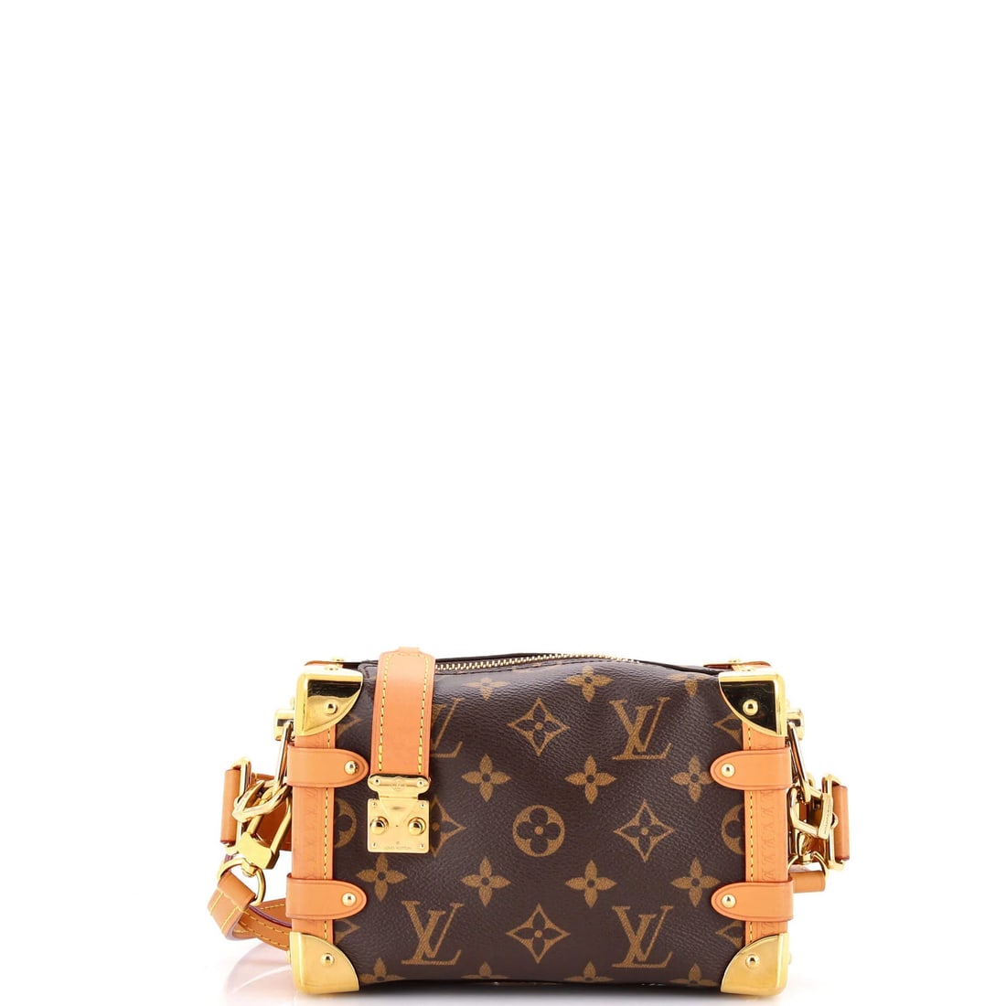 Handbag Canvas Monogram Trunk Side Louis Vuitton: Handbag Canvas Monogram Trunk Side Louis Vuitton Canvas Coated Louis Vuitton Side Trunk Handbag in Brown, featuring the iconic monogram pattern and gold hardware. This shoulder bag measures 5" x 7" x 