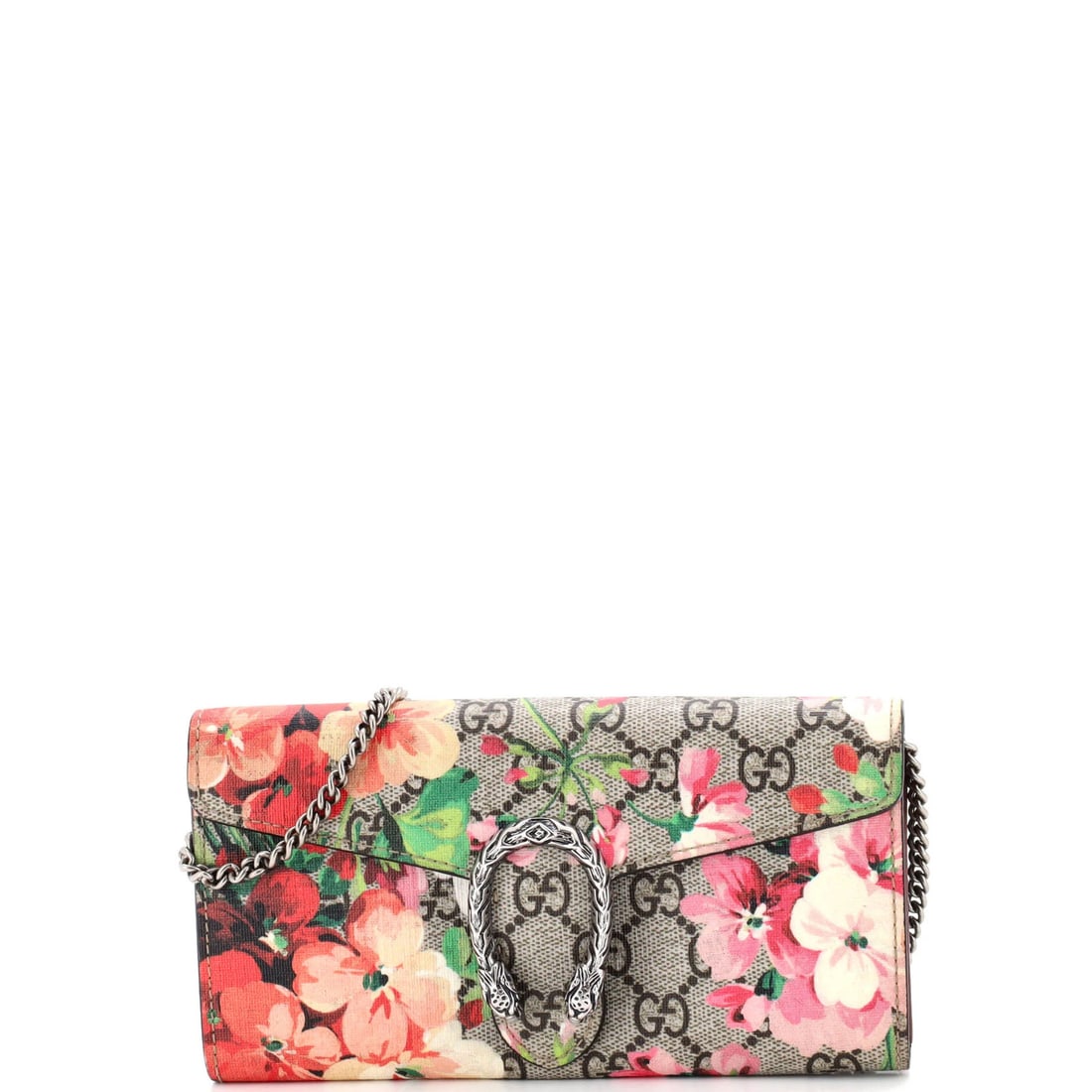 GG Coated Canvas Blooms Print Long Dionysus Wallet Chain Gucci: GG Coated Canvas Blooms Print Long Dionysus Wallet Chain Gucci Canvas Coated Canvas Blooms Print Dionysus Wallet Chain Gucci features a unique print design on the exterior, with a long strap and silve