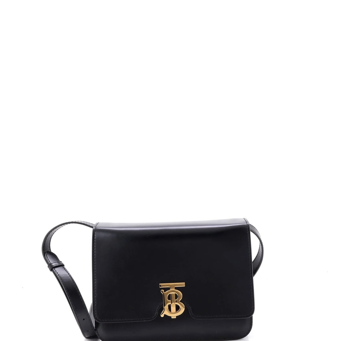 TB flap bag leather medium: TB flap bag leather medium Black leather TB flap bag with gold hardware, featuring a medium size and classic cross body design. The exterior shows minor scuffs, edge wear, and creases, while the inter