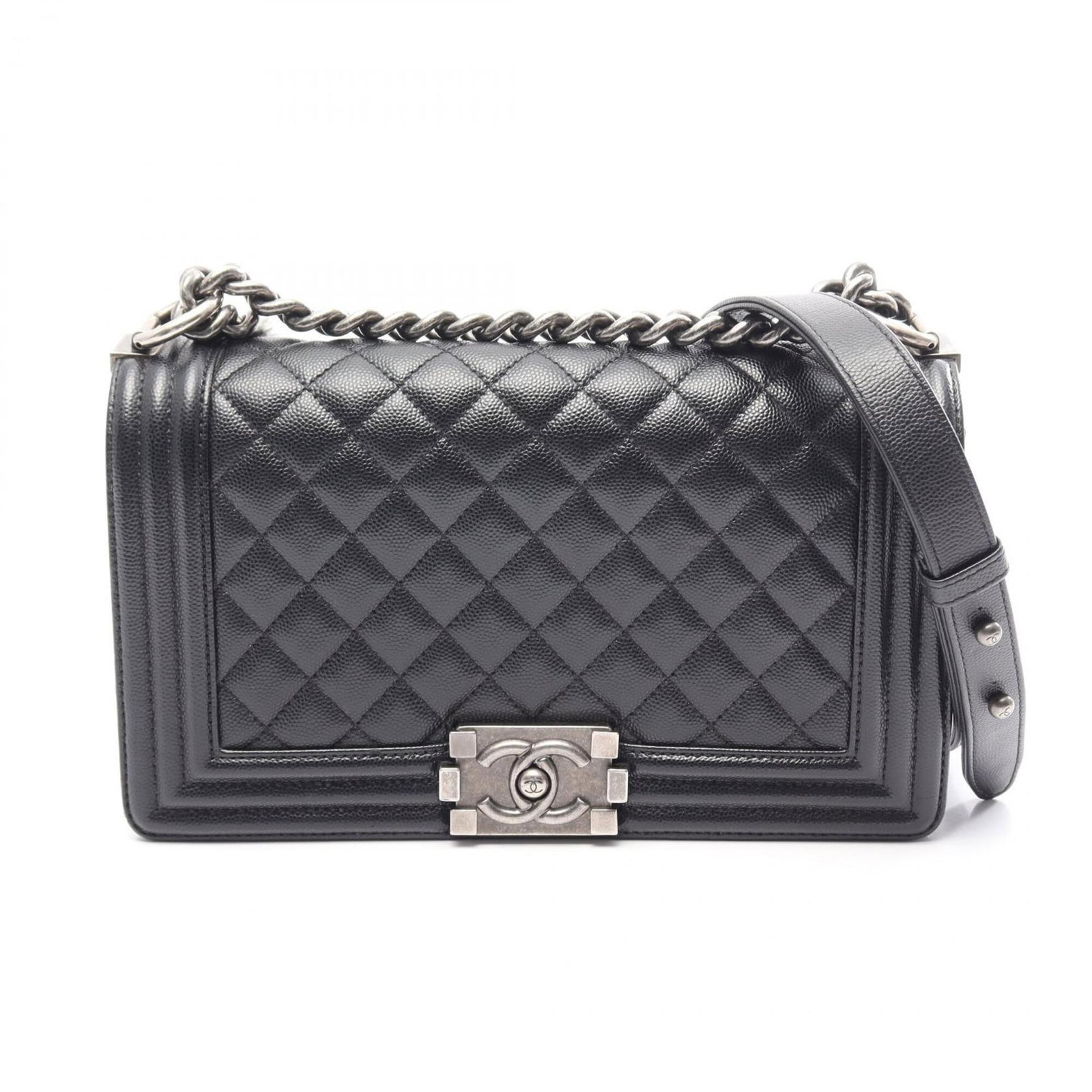 Calfskin handbag bag shoulder Chanel: Calfskin handbag bag shoulder Chanel Calfskin handbag bag shoulder from Chanel features grained material, black color, and silver hardware. The bag measures 14.5cm x 25cm x 7cm and has a compact size