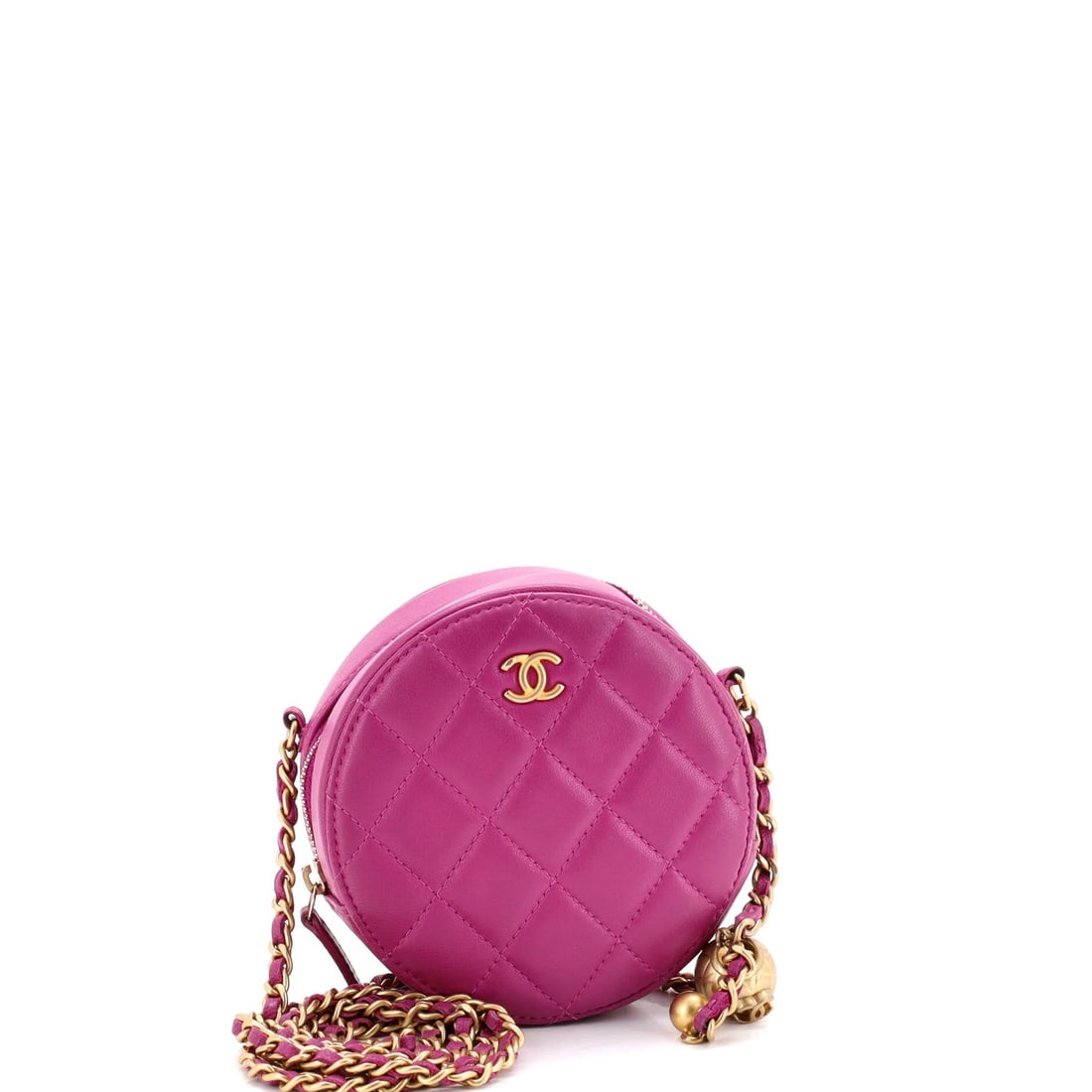 Chanel Pearl Crush Round Clutch with Chain Quilted Lambskin: Chanel Pearl Crush Round Clutch with Chain Quilted Lambskin The Chanel Pearl Crush Round Clutch with Chain Quilted Lambskin boasts a rich, deep purple exterior and neutral interior. Its chain quilted