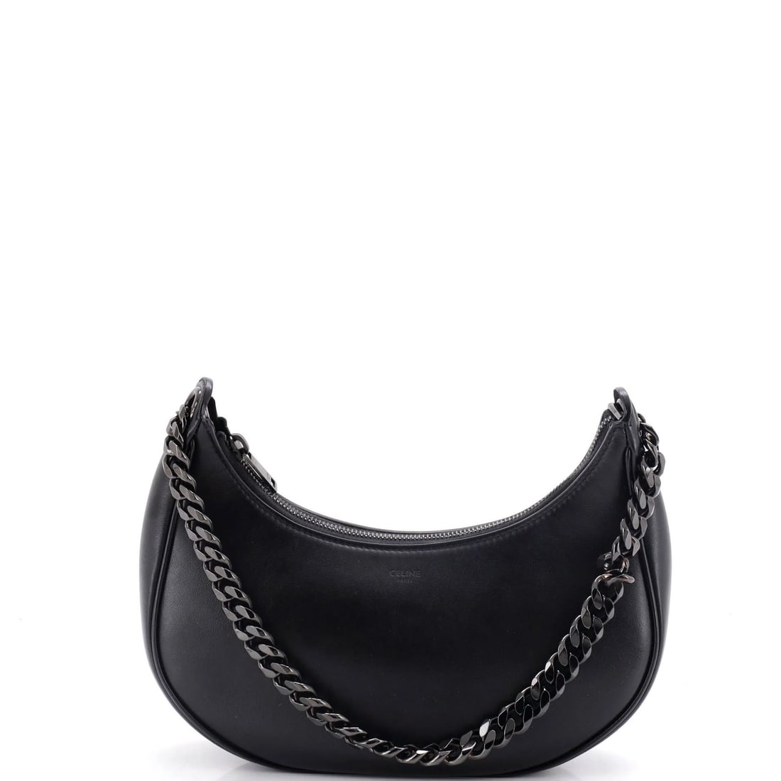 Chain bag leather medium Celine: Chain bag leather medium Celine Black leather medium Celine chain bag with suede interior, featuring scuffs, edge wear, and minor creases on the exterior and glitter, stains, and discoloration inside.