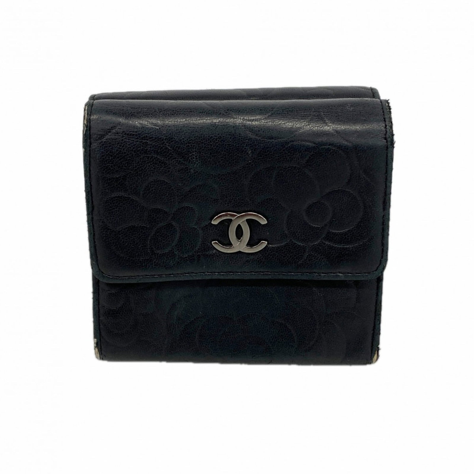 Chanel Wallet (Tri-Fold) Leather: Chanel Wallet (Tri-Fold) Leather Black lambskin tri-fold wallet from Chanel, measuring 9.5cm x 10cm x 3.5cm. This classic design features high-quality leather construction and a timeless black color t