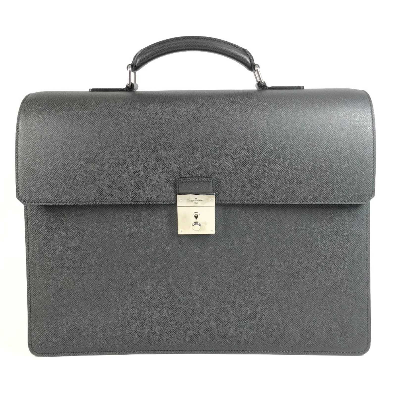 Handbag Leather Taiga Briefcase Louis Vuitton: Handbag Leather Taiga Briefcase Louis Vuitton Taiga leather briefcase from Louis Vuitton, crafted in Ardoise and Black colors. Measuring 32cm x 42cm x 15.5cm, it features the distinctive style of a Fr