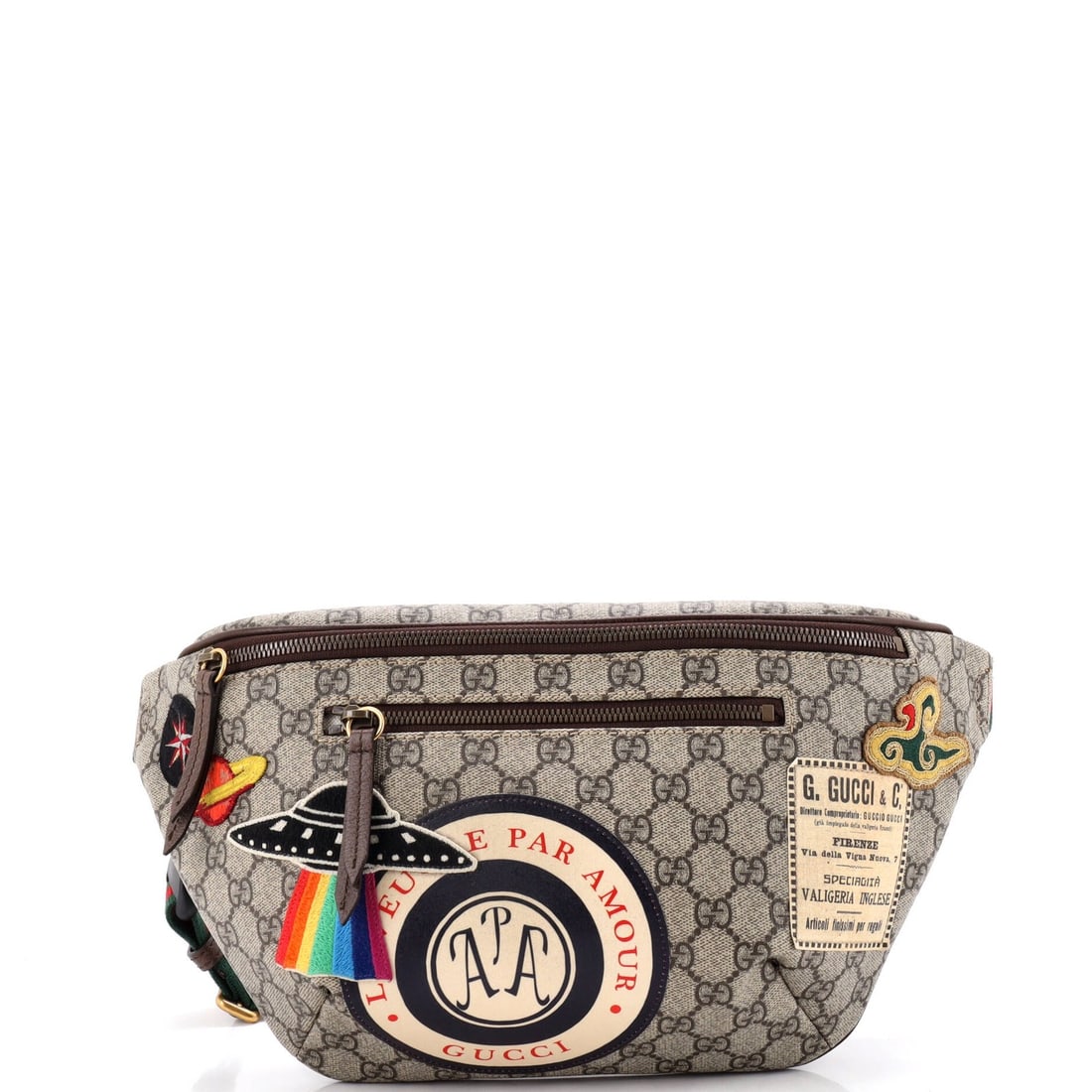 Coated canvas bag with zip belt and applique GG: Coated canvas bag with zip belt and applique GG This Gucci Courrier Zip Belt Bag features a classic design with a coated canvas exterior, adorned with an applique GG logo. The bag's neutral interior