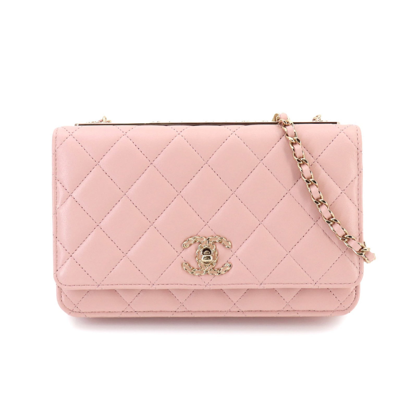 Chain Wallet Leather for Shoulder: Chain Wallet Leather for Shoulder Chain wallet with lambskin leather from Chanel, featuring pink color and a compact size. Made from high-quality materials, this shoulder wallet showcases classic