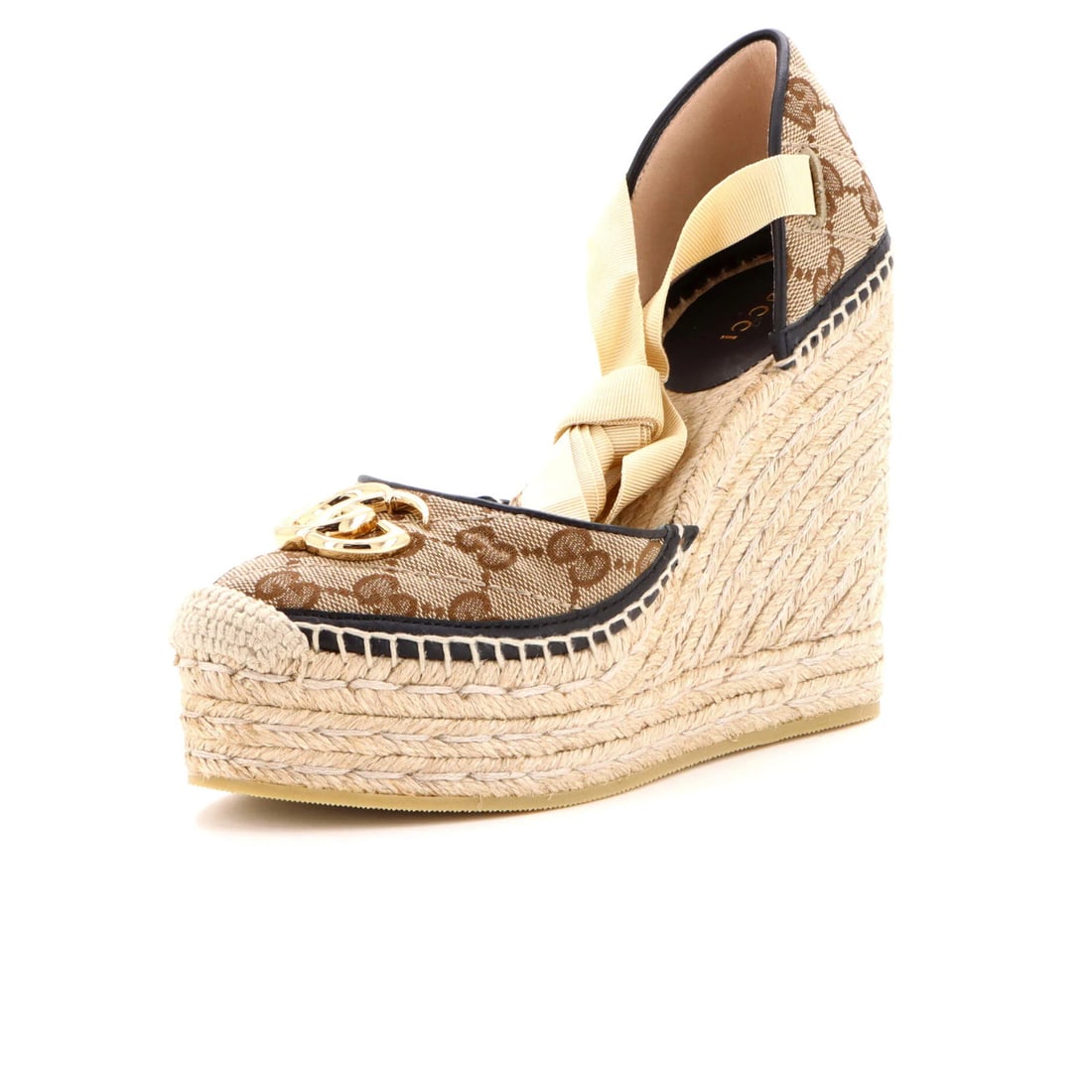 Gucci Women's GG Canvas Espadrilles Wedge Quilted Marmont Diagonal: Gucci Women's GG Canvas Espadrilles Wedge Quilted Marmont Diagonal Canvas Plain, Fabric, Leather Exterior Brown Quilted GG Marmont Diagonal Espadrilles with Jute and Leather Interior, Gold Hardware.