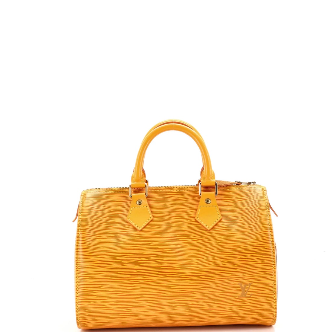 Louis Vuitton Speedy Handbag Epi Leather 25: Louis Vuitton Speedy Handbag Epi Leather 25 Yellow Louis Vuitton Speedy Handbag Epi Leather 25, featuring top handle design and measuring 8" tall with 19-22" strap drop. The bag boasts exterior