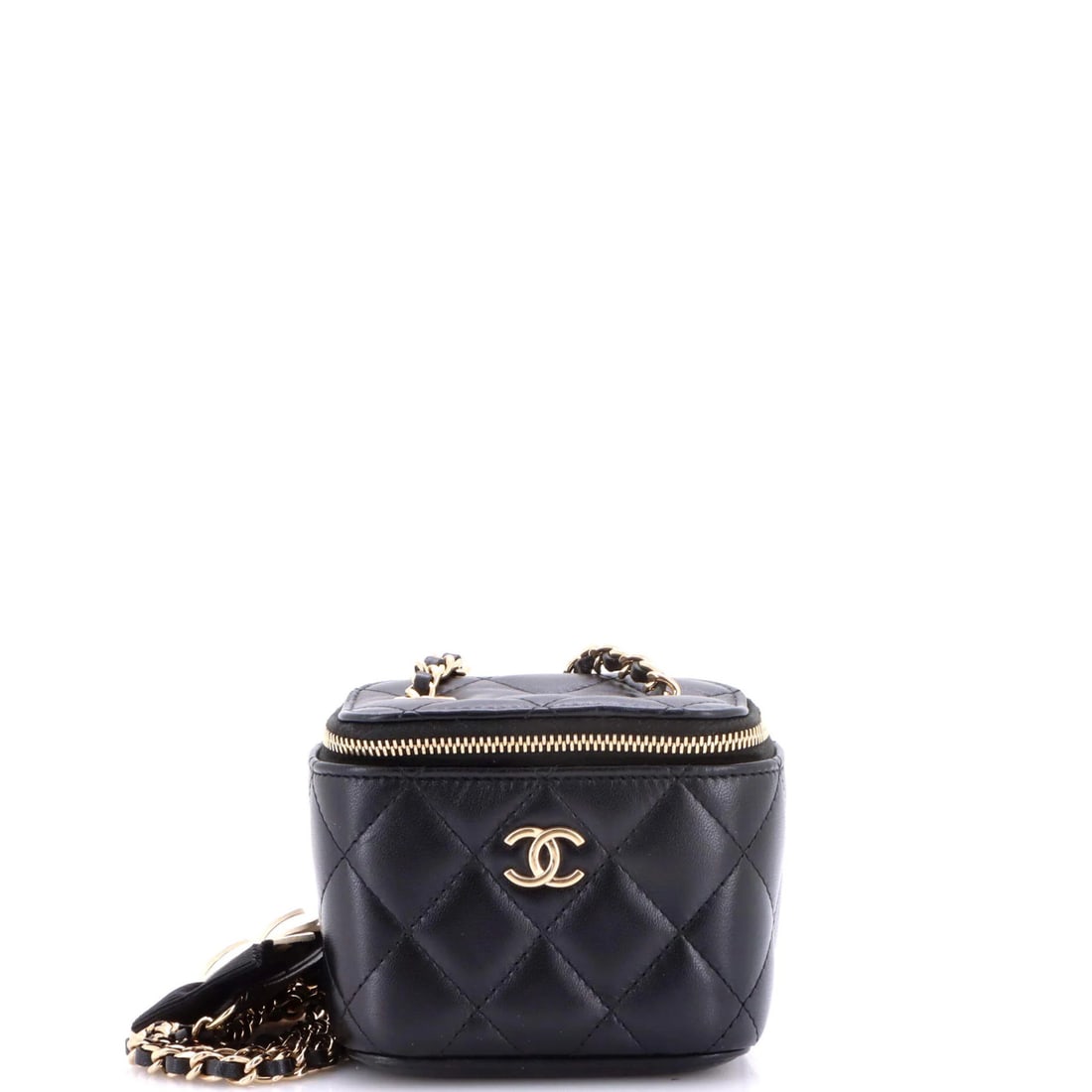 Chanel Mini Quilted Bow Camellia Chain Lambskin Case Vanity: Chanel Mini Quilted Bow Camellia Chain Lambskin Case Vanity Black leather exterior with quilted lambskin and chain details, featuring a mini cross body bag design. The Camellia Bow Vanity Case boasts