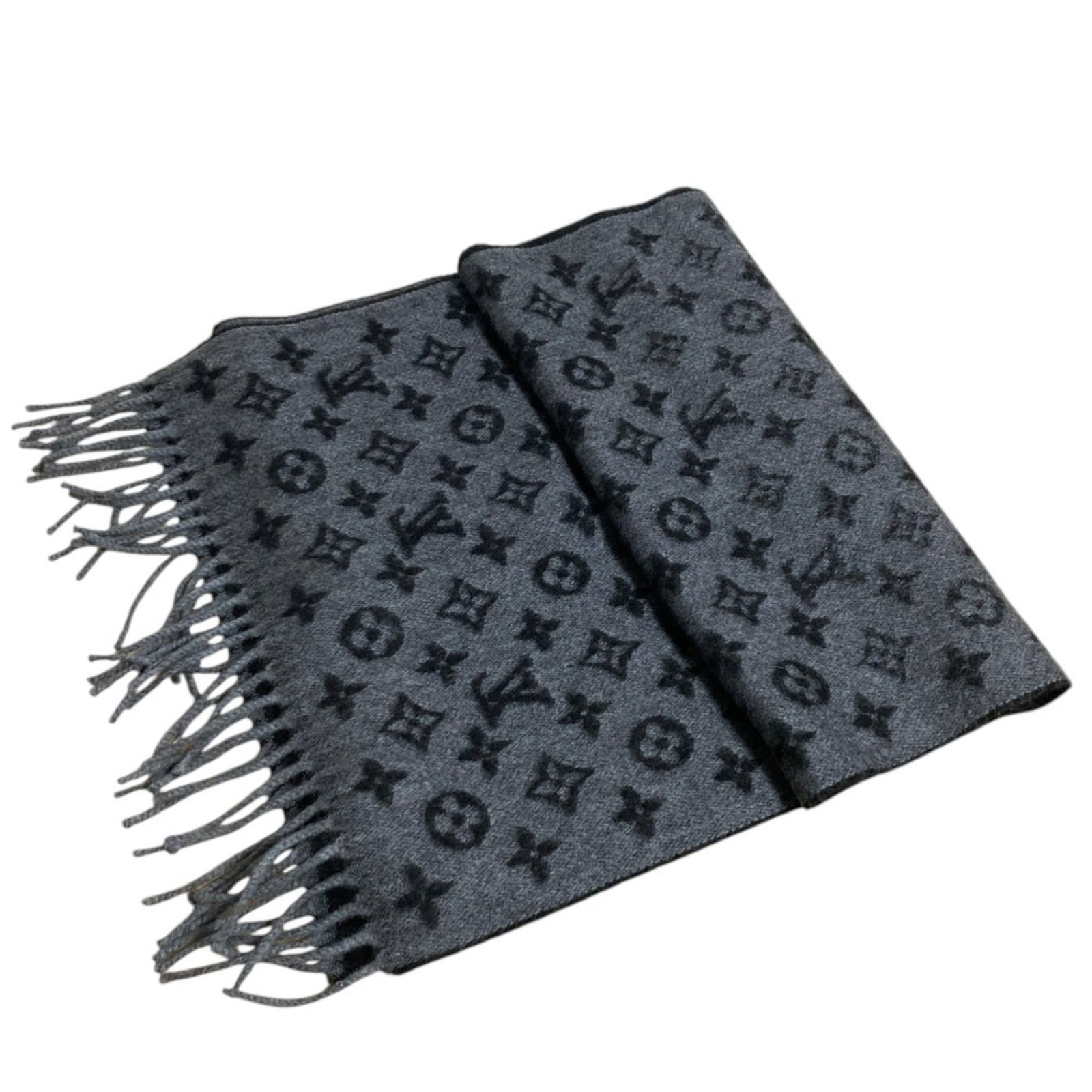 Stole by Louis Vuitton: Stole by Louis Vuitton A black Louis Vuitton stole with a distinctive gray trim, measuring 1.84m x 35cm in length and width. This iconic piece features the signature LV monogram pattern and bears a no
