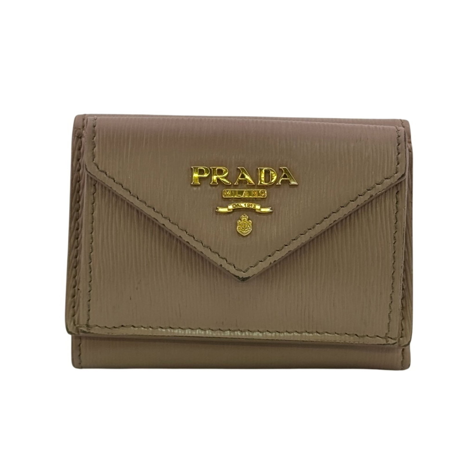 Prada Wallet (Tri-Fold) Leather: Prada Wallet (Tri-Fold) Leather The Prada tri-fold leather wallet boasts a striking pink hue, adding a pop of color to any bag or purse. Its sleek design and premium leather material make it a