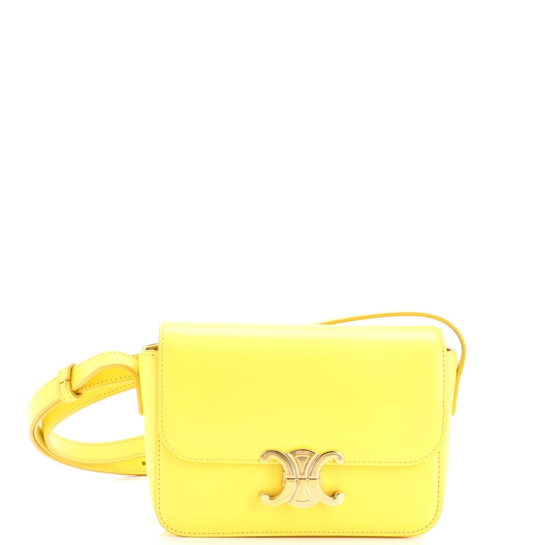 Celine Triomphe Shoulder Bag Smooth Calfskin Nano: Celine Triomphe Shoulder Bag Smooth Calfskin Nano The Celine Triomphe Shoulder Bag Smooth Calfskin Nano boasts a vibrant yellow exterior made from high-quality leather, featuring a sleek cross-body