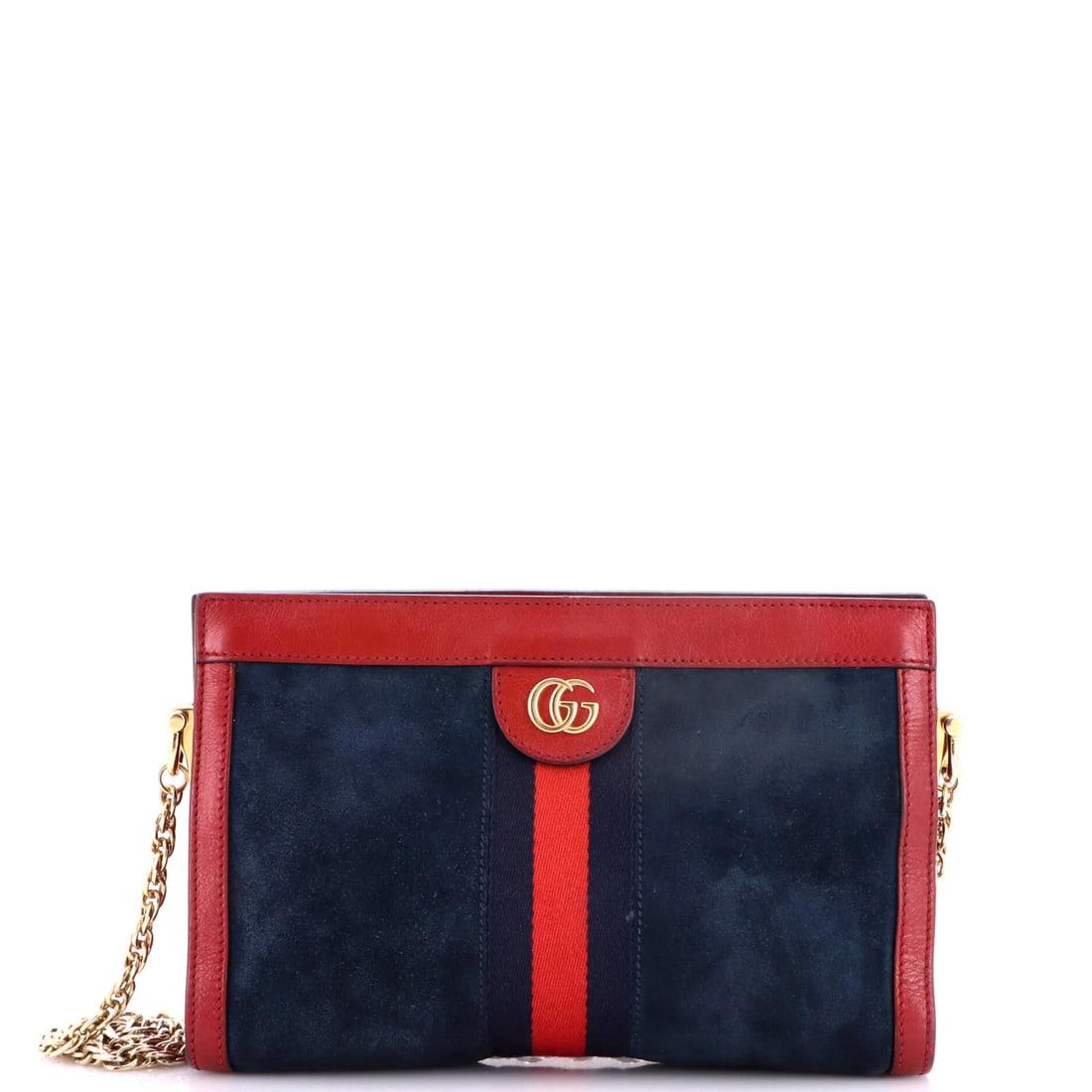 Chain gucci Ophidia suede bag small: Chain gucci Ophidia suede bag small Small Gucci Ophidia Chain Suede Shoulder Bag in Blue with Gold Hardware, featuring suede exterior and microfiber interior. The bag showcases a unique blue and red