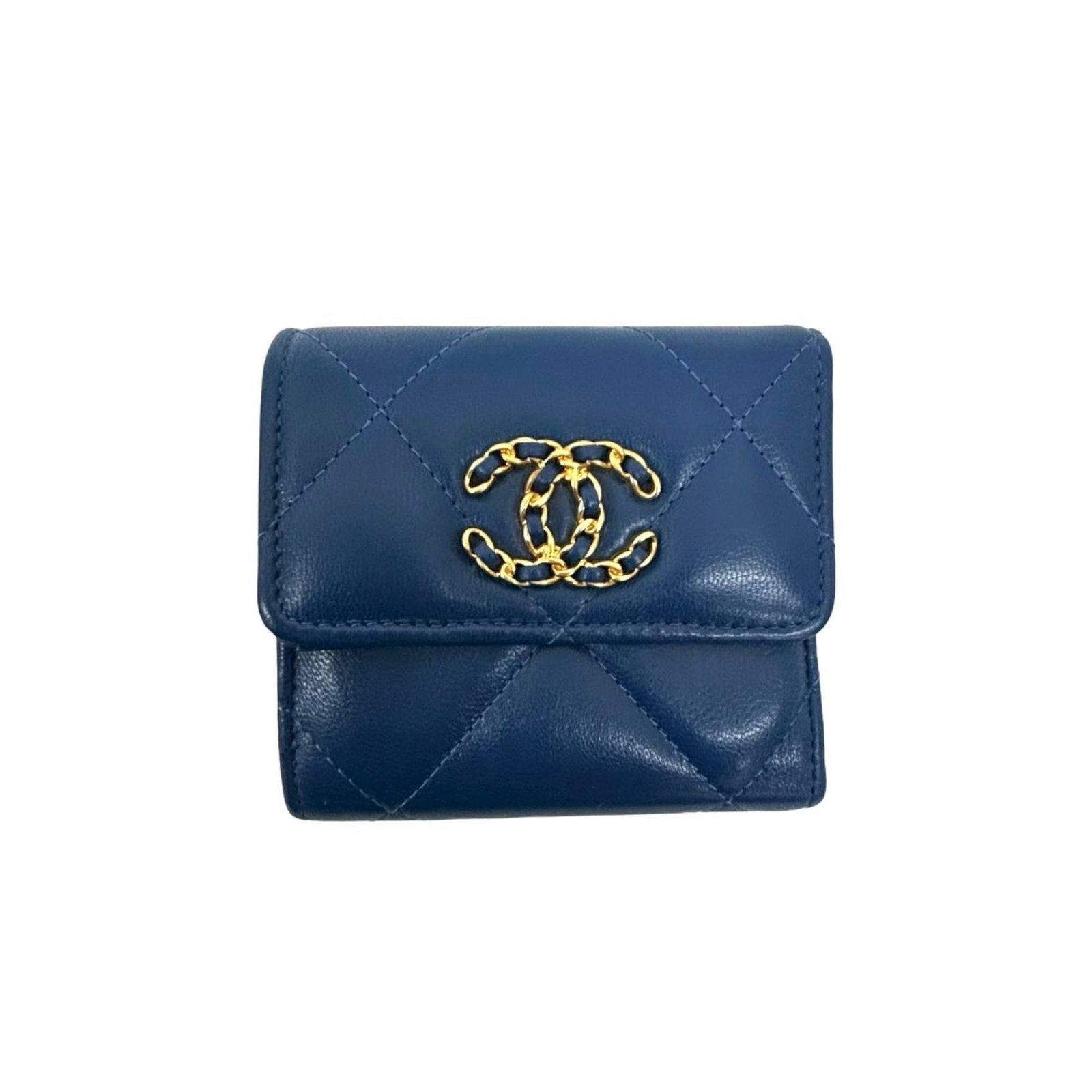 Chanel Wallet (Bi-Fold) Leather: Chanel Wallet (Bi-Fold) Leather Blue lambskin bi-fold wallet from Chanel, measuring 10cm x 10.5cm x 2.5cm. This classic design features high-quality leather construction and a timeless blue color