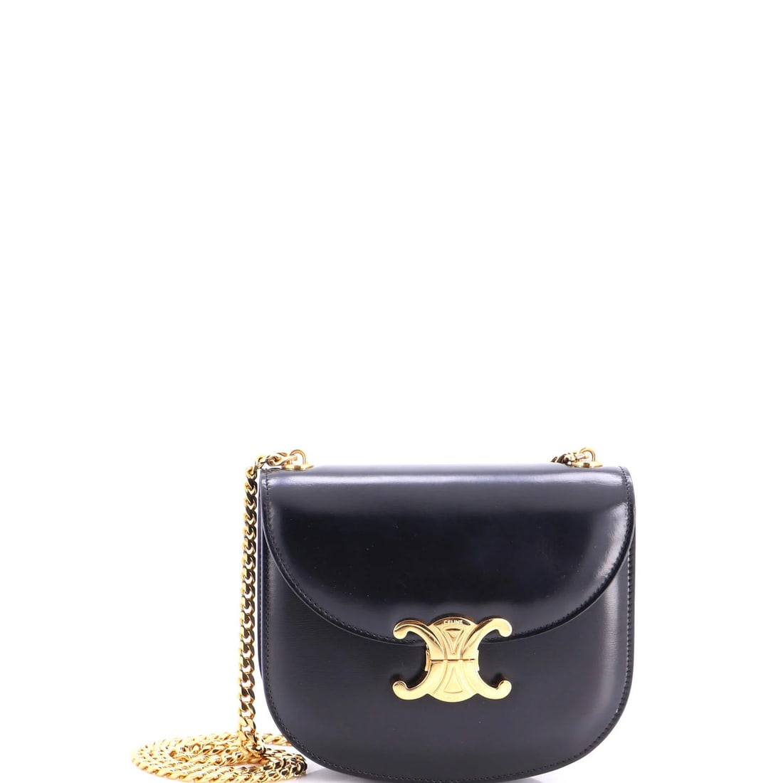 Celine Triomphe Besace Clea Chain Flap Bag Leather: Celine Triomphe Besace Clea Chain Flap Bag Leather Black Celine Triomphe Besace Clea Chain Flap Bag Leather, featuring gold hardware and a classic chain flap design. Measuring 6" tall, 7.5" wide, and 