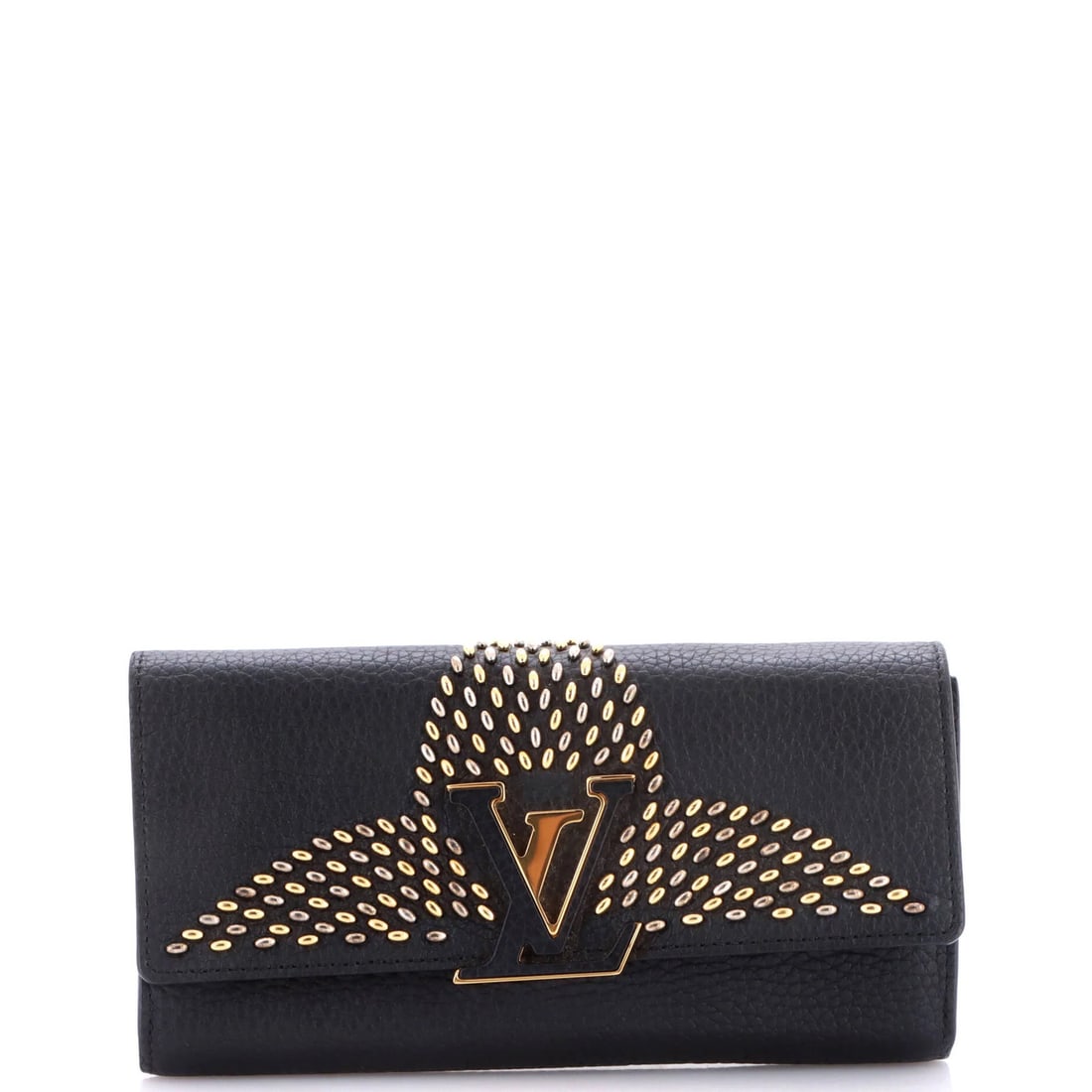 Capucines Wallet Leather Embellished With Louis Vuitton: Capucines Wallet Leather Embellished With Louis Vuitton Black Capucines Wallet with Embellished Detail, made from high-quality leather and featuring a gold and silver hardware. This Louis Vuitton wall