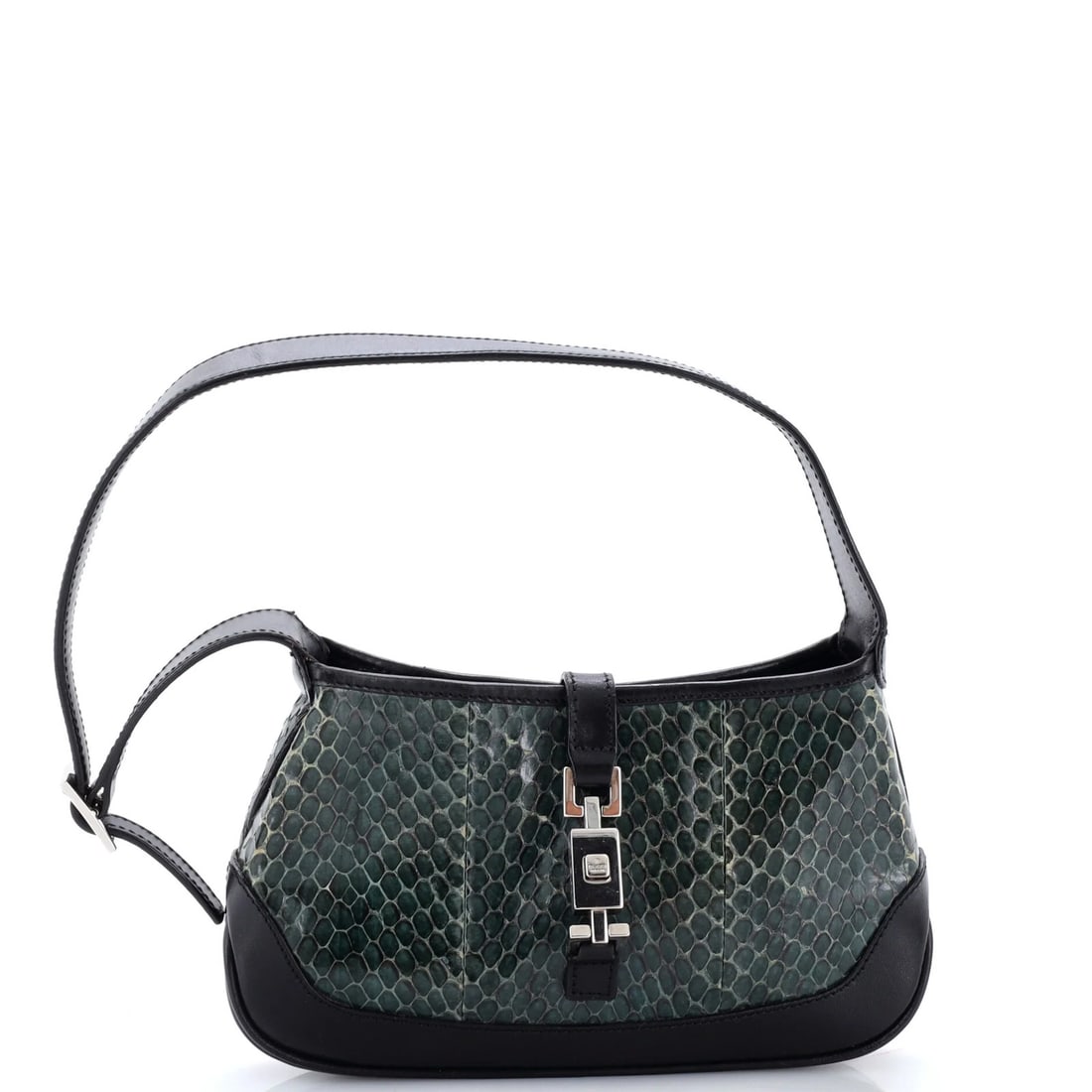 Gucci Vintage Jackie O Hobo Python Mini: Gucci Vintage Jackie O Hobo Python Mini Python skin adds an exotic touch to the classic Jackie O Hobo design, while minor imperfections give the vintage mini bag a worn-in feel. The exterior's green a