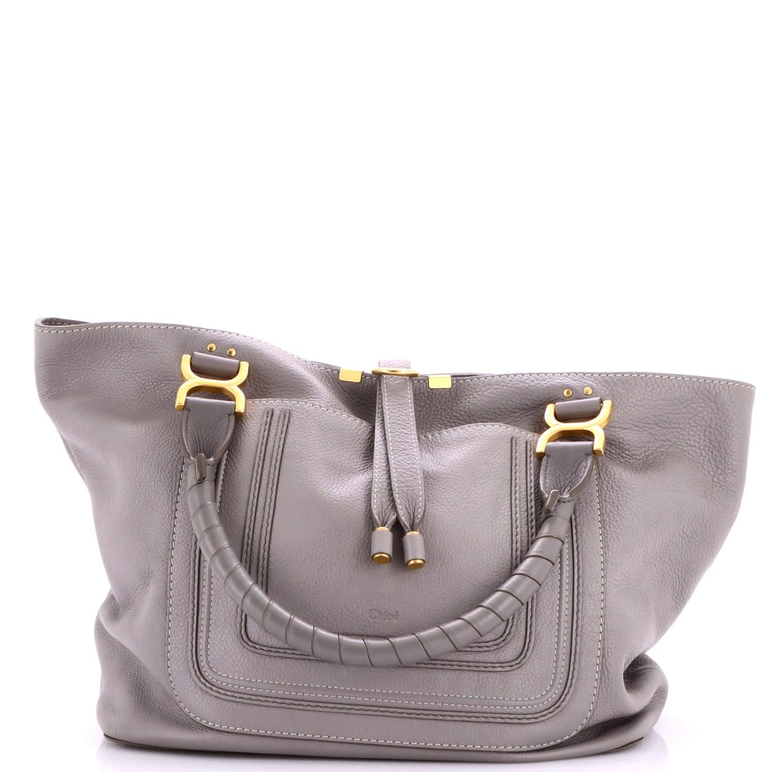 Large Chloe Marcie Tote Leather: Large Chloe Marcie Tote Leather Gray Chloe Marcie Tote Leather Large in Very Good Condition. This large tote features a classic design with a gray exterior, gold hardware, and a green interior, all