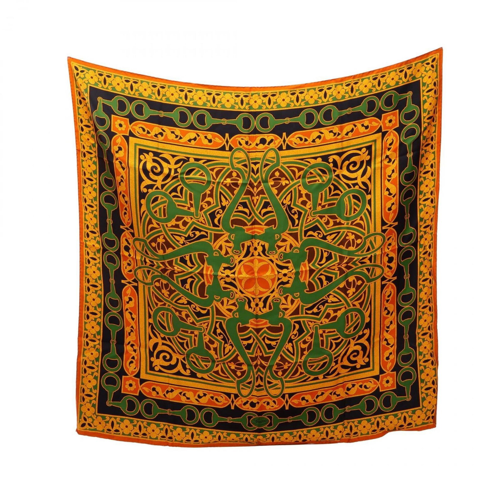 Gucci silk scarf: Gucci silk scarf Silk scarf from Gucci, featuring a multi-color design with orange hues. Made from high-quality silk, the scarf measures 87cm x 87cm in size. The signature bears a notable presence on