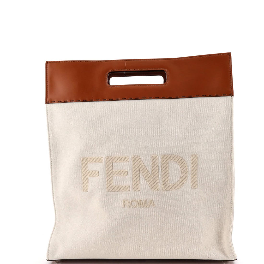 Fendi North South Leather Tote Canvas Shopper Handle Logo: Fendi North South Leather Tote Canvas Shopper Handle Logo Neutral Brown Canvas and Leather Fendi North South Tote Bag with Logo Cutout Handle. This Fendi North South tote features a canvas exterior