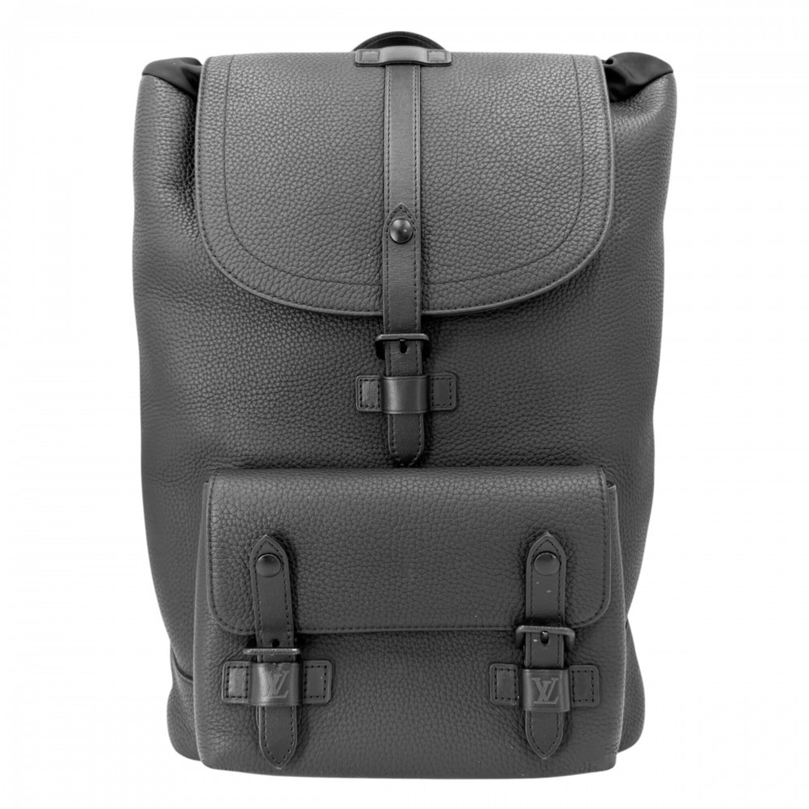 Louis Vuitton Backpack Leather: Louis Vuitton Backpack Leather Black leather Louis Vuitton backpack with open inner pocket and flap outer pocket, measuring 40cm x 28cm x 11cm. The classic design features a timeless black color that 