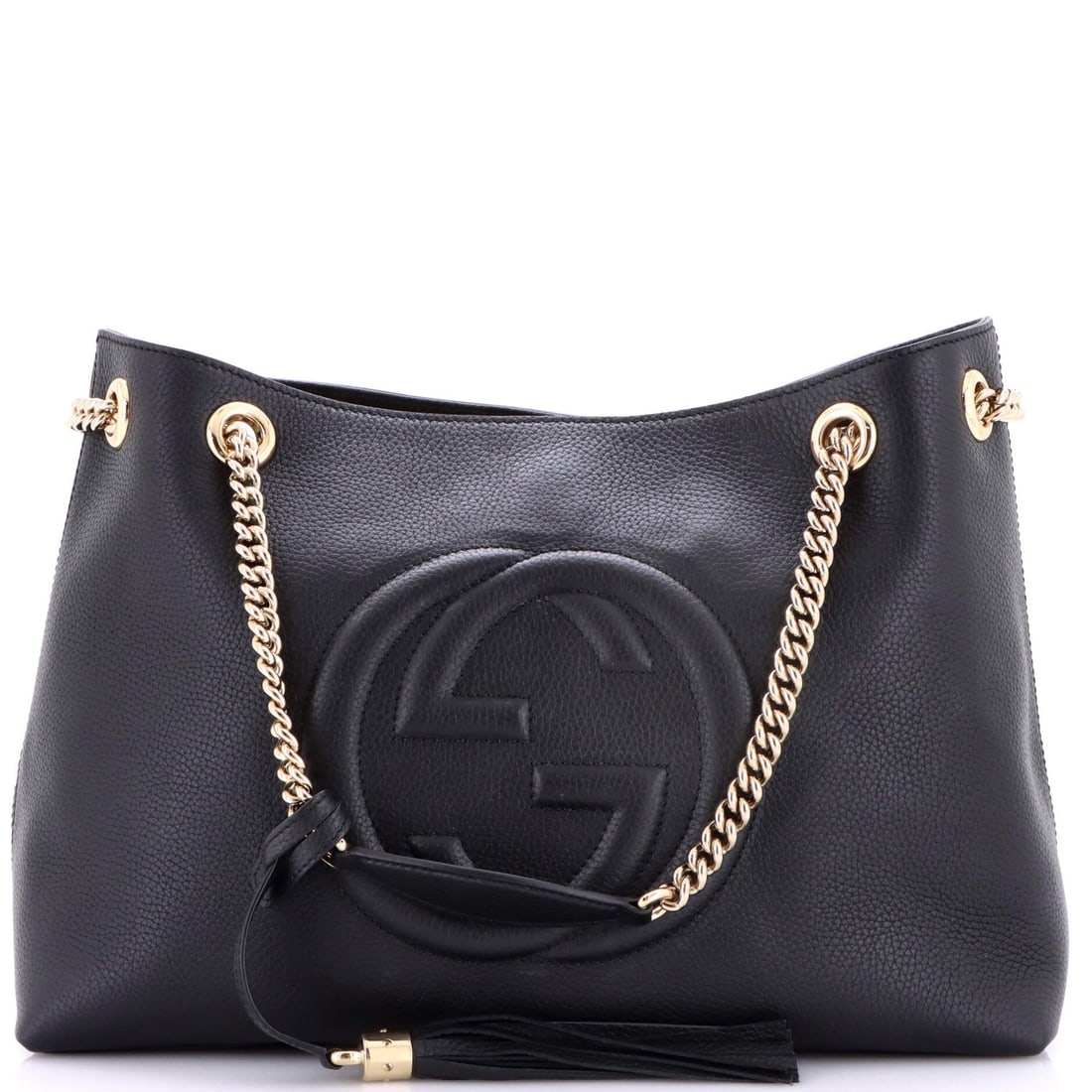 Chain strap leather shoulder bag soho gucci medium: Chain strap leather shoulder bag soho gucci medium Black leather Soho chain strap shoulder bag with neutral interior, featuring gold tone hardware and scuffs on exterior. The medium size measures 10" 