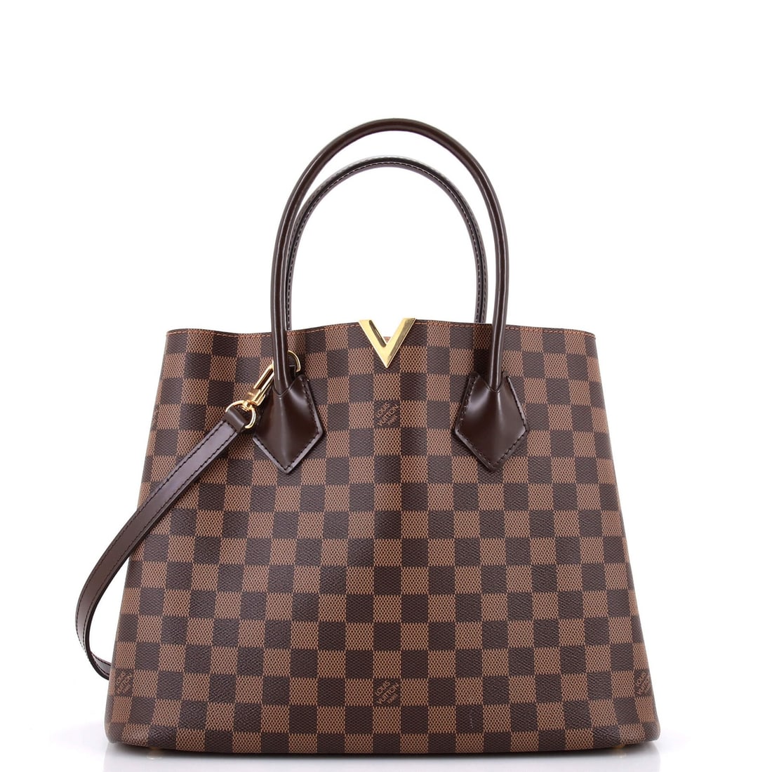 Damier Handbag Vuitton Kensington Louis: Damier Handbag Vuitton Kensington Louis Brown Damier Canvas Coated Louis Vuitton Kensington Tote Bag with Gold Hardware and Neutral Microfiber Interior, featuring scuffs on exterior and minor wear. Me