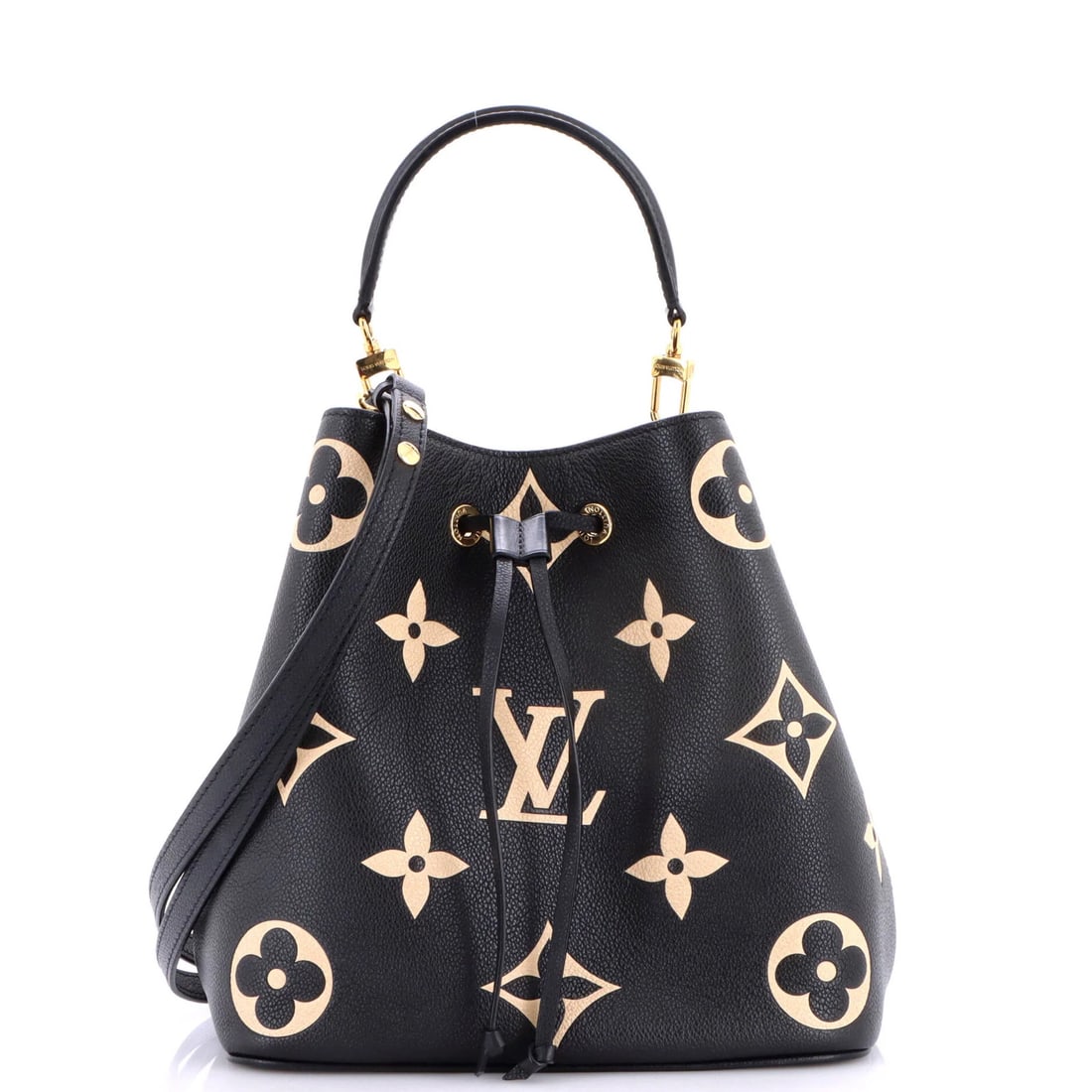 NeoNoe Bicolor Giant Monogram Handbag Louis Empreinte: NeoNoe Bicolor Giant Monogram Handbag Louis Empreinte Black NeoNoe Bicolor Giant Monogram Handbag with gold hardware, featuring extra strap and pochette. Measuring 10" height, 10" width, and 7"