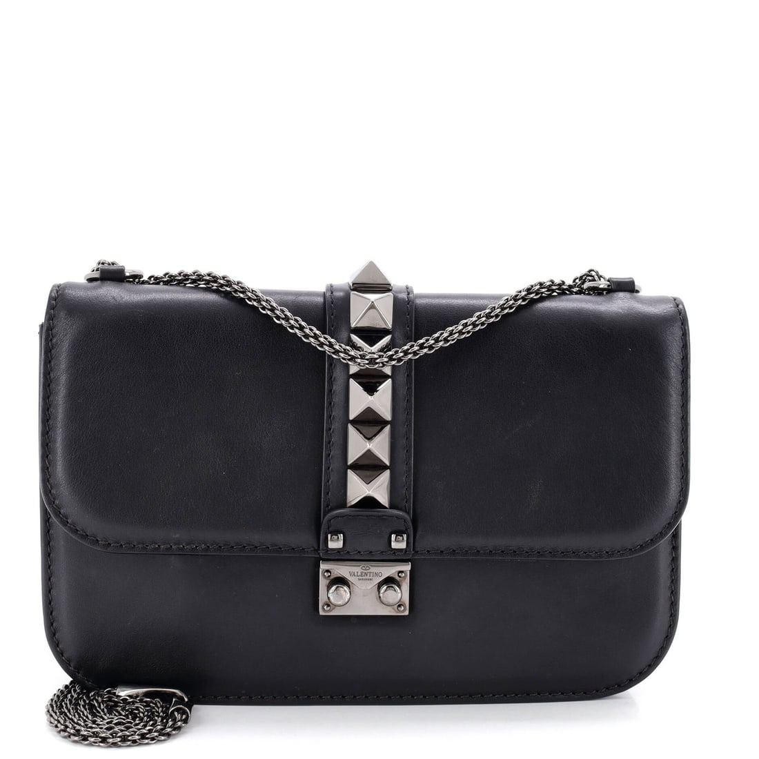 Valentino Garavani Glam Lock Medium Leather Shoulder Bag: Valentino Garavani Glam Lock Medium Leather Shoulder Bag The Valentino Garavani Glam Lock Medium Leather Shoulder Bag boasts sleek black leather exterior with silver hardware, measuring 7" in height