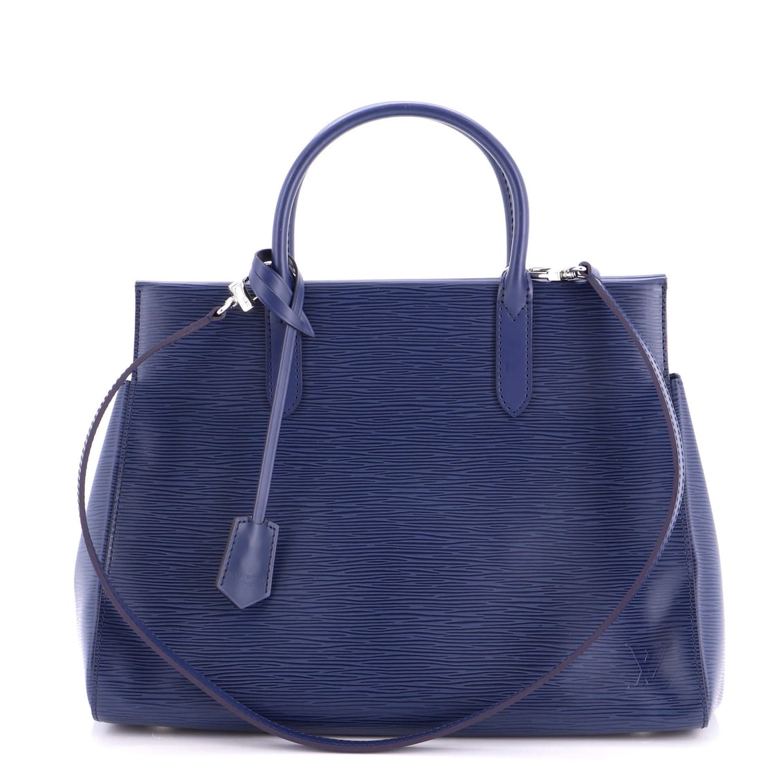 Louis Vuitton Marly Handbag Epi Leather MM: Louis Vuitton Marly Handbag Epi Leather MM The Louis Vuitton Marly Handbag Epi Leather MM boasts a striking blue exterior, complemented by silver hardware and adorned with a clochette. Measuring 10" i