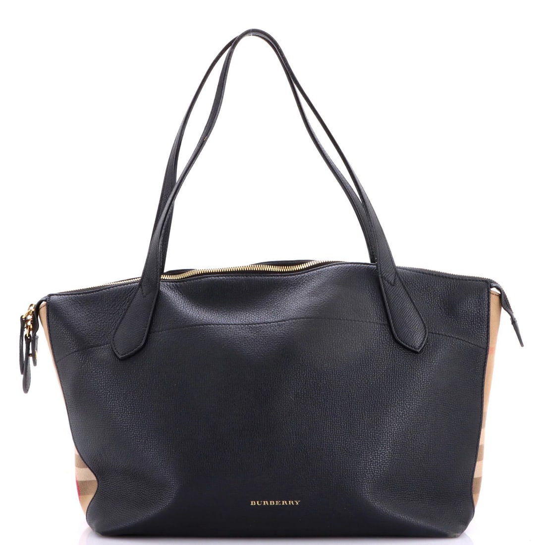 Burberry Welburn Tote Leather and House Check Canvas Medium: Burberry Welburn Tote Leather and House Check Canvas Medium Black leather exterior with House Check canvas accents, medium size tote with gold hardware and black interior. This Welburn Tote features
