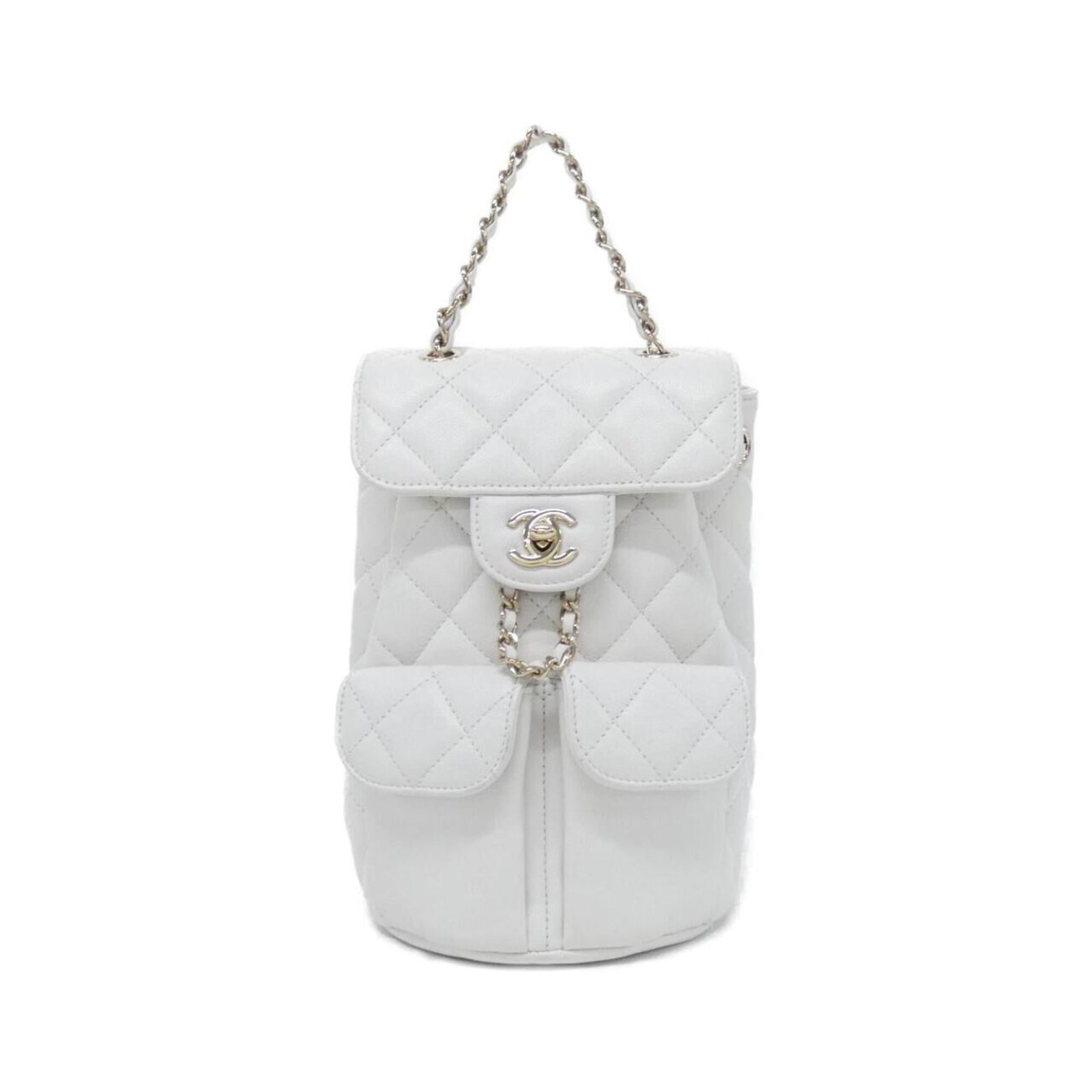 Calfskin Grained Backpack Chanel: Calfskin Grained Backpack Chanel Calfskin Grained Backpack in White with Gold Hardware. This Chanel backpack features grained calfskin material, gold hardware, and a sleek design. With its sturdy stra