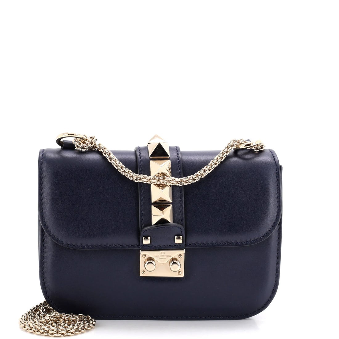 Glam bag leather small shoulder lock Valentino Garavani: Glam bag leather small shoulder lock Valentino Garavani Small leather shoulder bag from Valentino Garavani, featuring a glam lock closure and made from high-quality blue leather. With its neutral