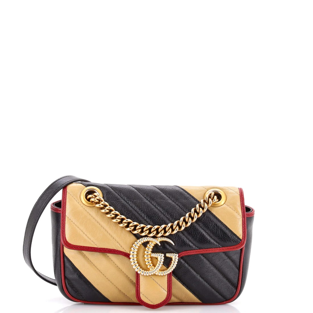 Marmont Quilted Leather Mini Diagonal Flap Bag Gucci GG: Marmont Quilted Leather Mini Diagonal Flap Bag Gucci GG Black, Neutral, and Red Marmont Quilted Leather Mini Diagonal Flap Bag with Aged Gold Hardware. This miniature Gucci GG Marmont Flap Bag feature