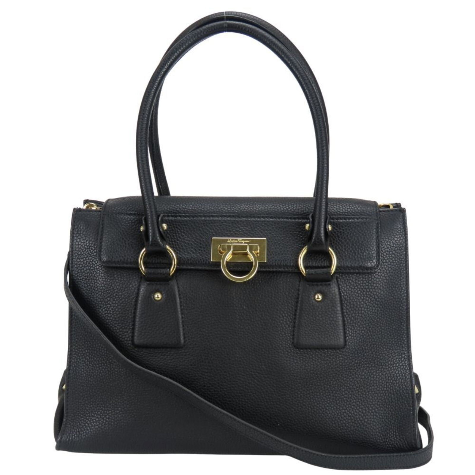 Handbag Salvatore Ferragamo Leather Shoulder: Handbag Salvatore Ferragamo Leather Shoulder Salvatore Ferragamo Leather Shoulder Bag in Black. This elegant shoulder bag features high-quality black leather and gold hardware, showcasing the classic 