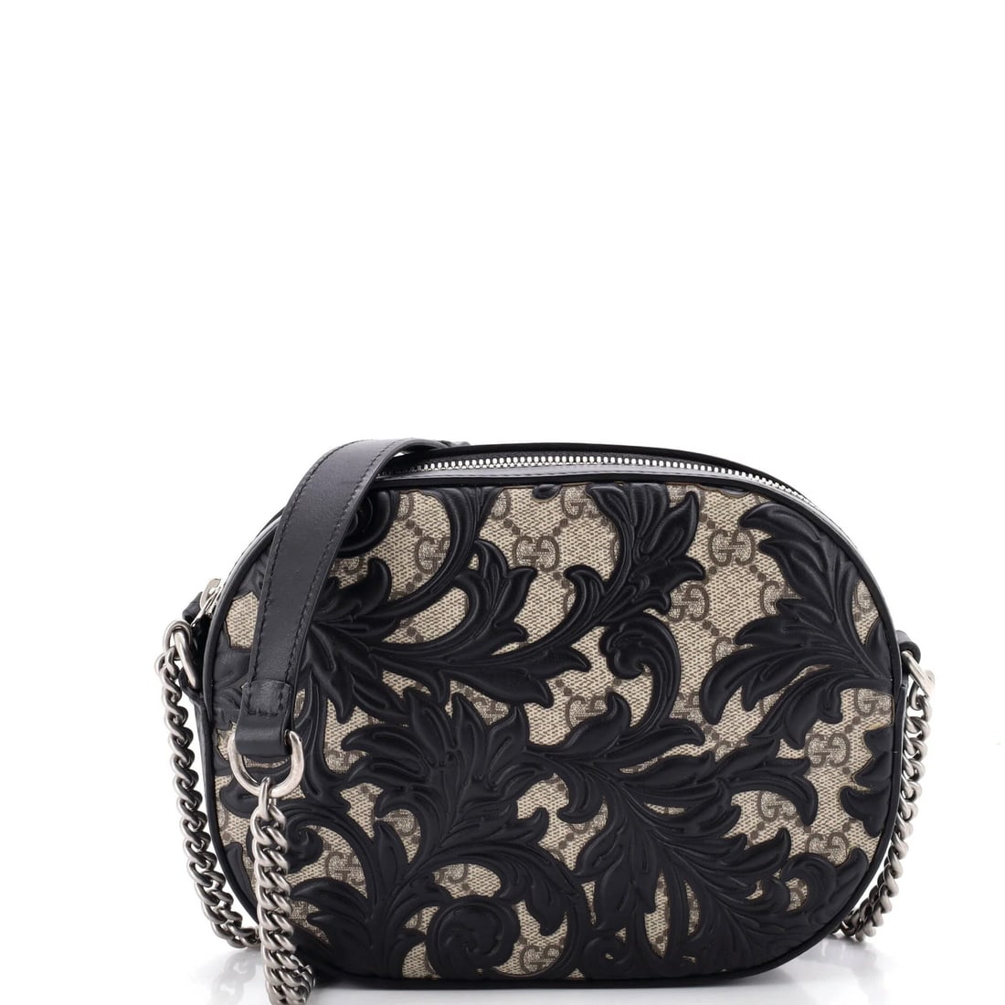 Chain Crossbody Bag Arabesque GG Coated Canvas Leather Mini with Gucci: Chain Crossbody Bag Arabesque GG Coated Canvas Leather Mini with Gucci Chain Crossbody Bag Arabesque GG Coated Canvas Leather Mini with Gucci. This miniature cross-body bag from Gucci features an icon