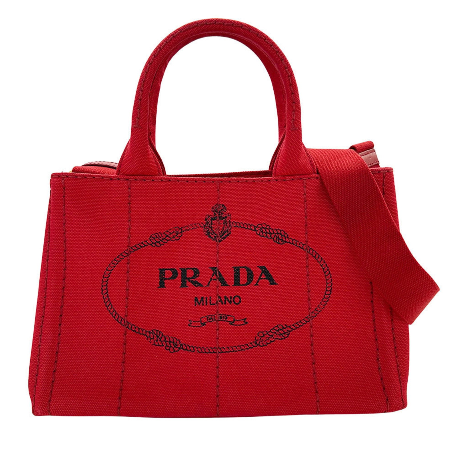 Shoulder bag handbag canvas by Prada: Shoulder bag handbag canvas by Prada Canvas by Prada in red, a striking shoulder bag with a size of 18.5cm x 28cm x 16cm. The canvas material provides a unique texture and feel to the handbag's