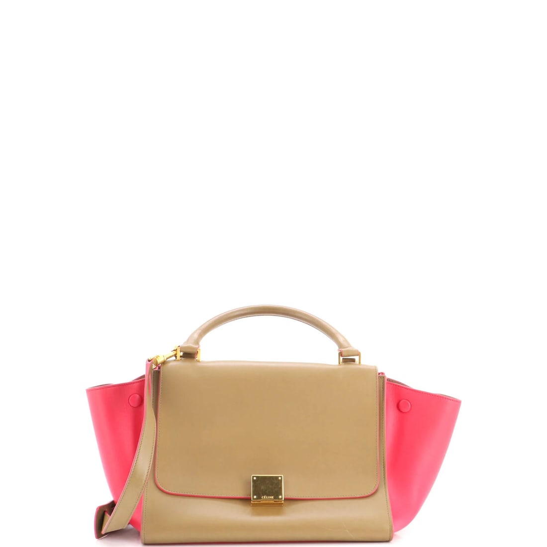 Trapeze Bag of Celine Small Leather: Trapeze Bag of Celine Small Leather Small Celine Trapeze Bag in Brown Leather.This Celine Small Trapeze Bag features a rich brown leather exterior with pink accents, gold hardware, and a sturdy top